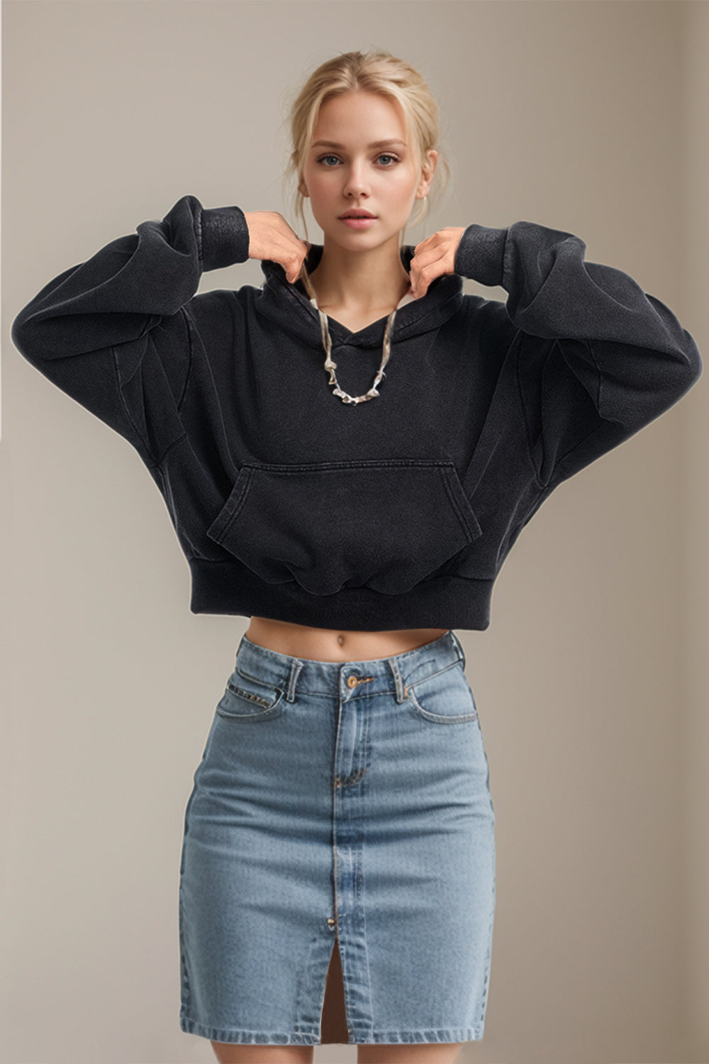 Basic Bae Kangaroo Pocket Long Sleeve Cropped Hoodie-TOPS / DRESSES-[Adult]-[Female]-2022 Online Blue Zone Planet