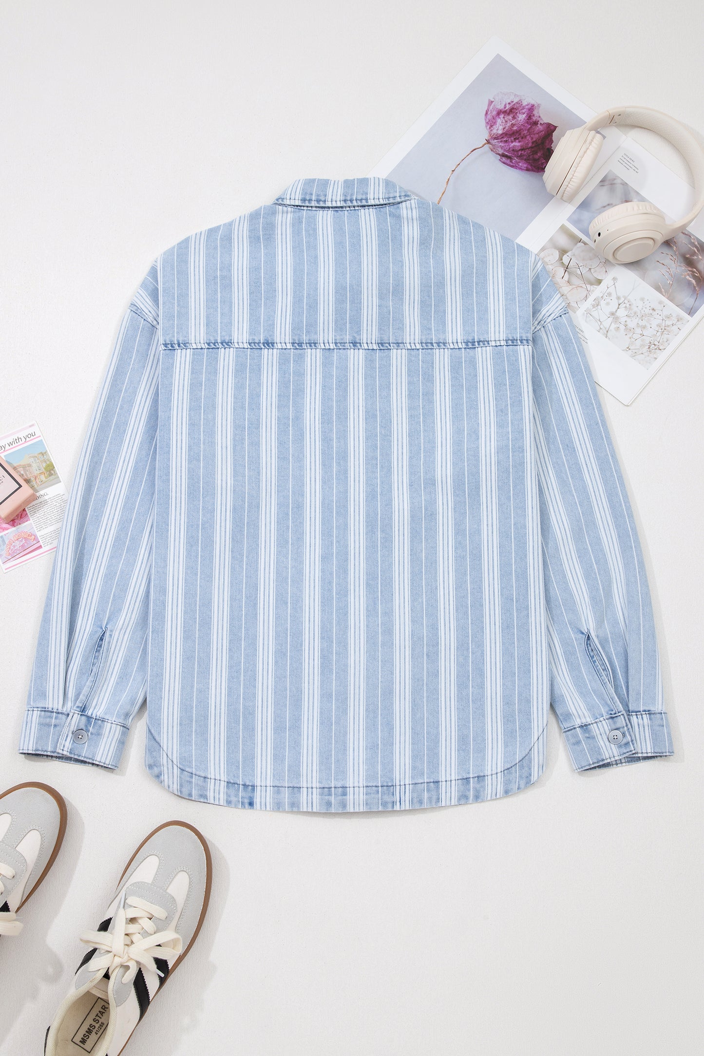 Sky Blue Stripe Boyfriend Chest Pocket Classic Denim Shacket-Outerwear/Denim jackets-[Adult]-[Female]-2022 Online Blue Zone Planet