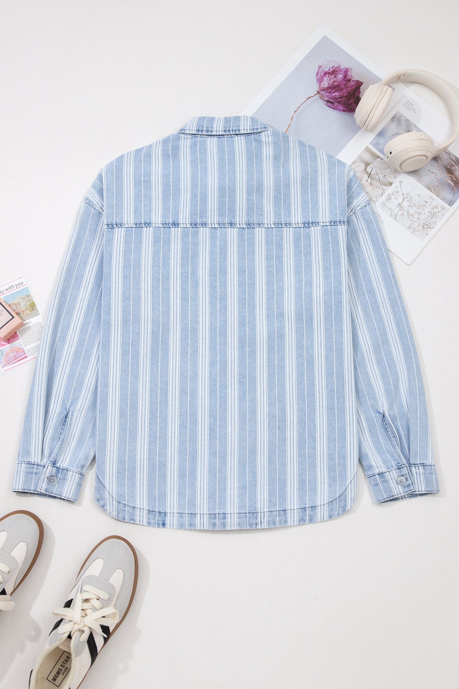 Sky Blue Stripe Boyfriend Chest Pocket Classic Denim Shacket-Outerwear/Denim jackets-[Adult]-[Female]-2022 Online Blue Zone Planet