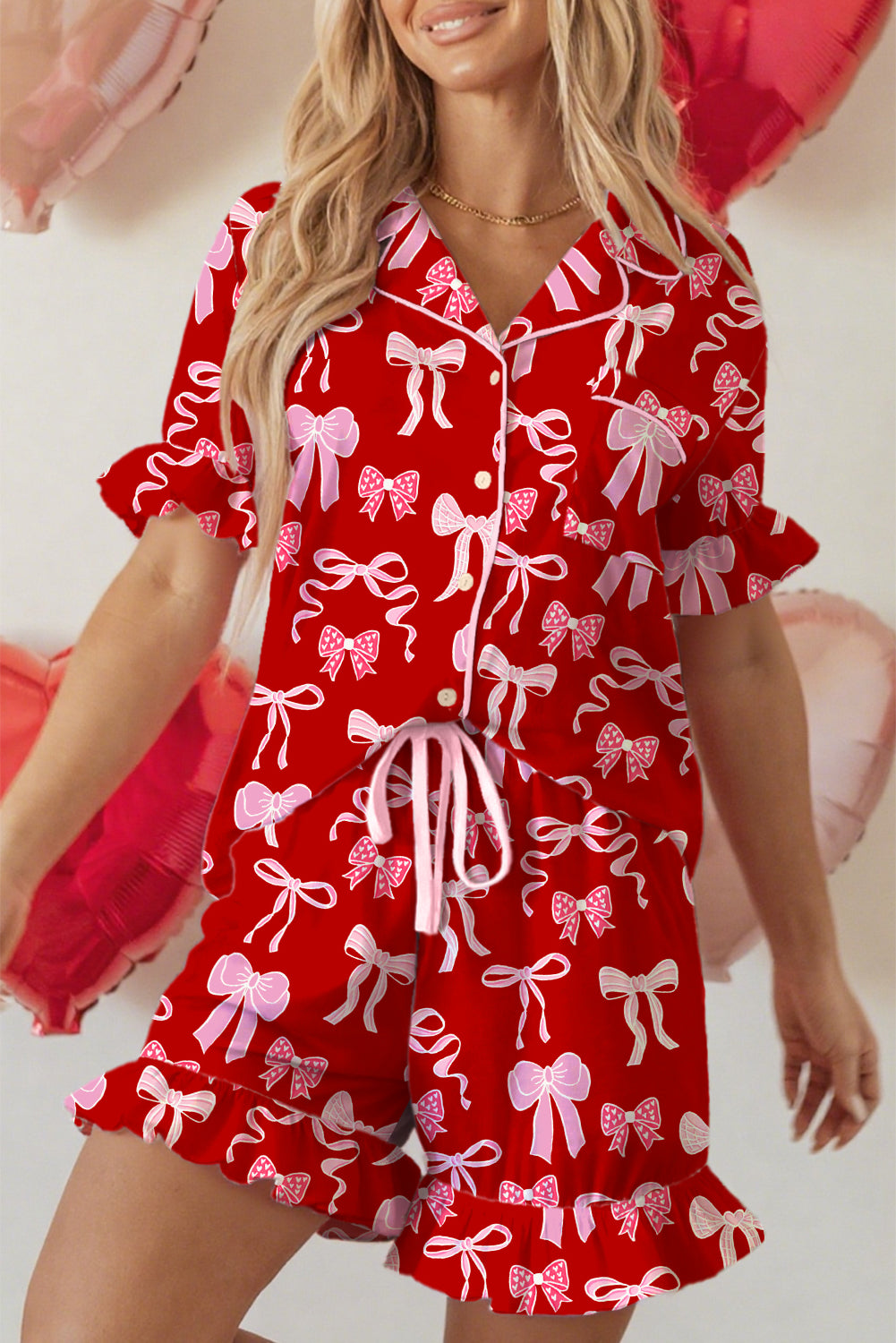 Red Sweet Bow Print Ruffled Short Sleeve Shirt Shorts 2pcs Pajama Set-Loungewear & Sleepwear/Sleepwear-[Adult]-[Female]-2022 Online Blue Zone Planet