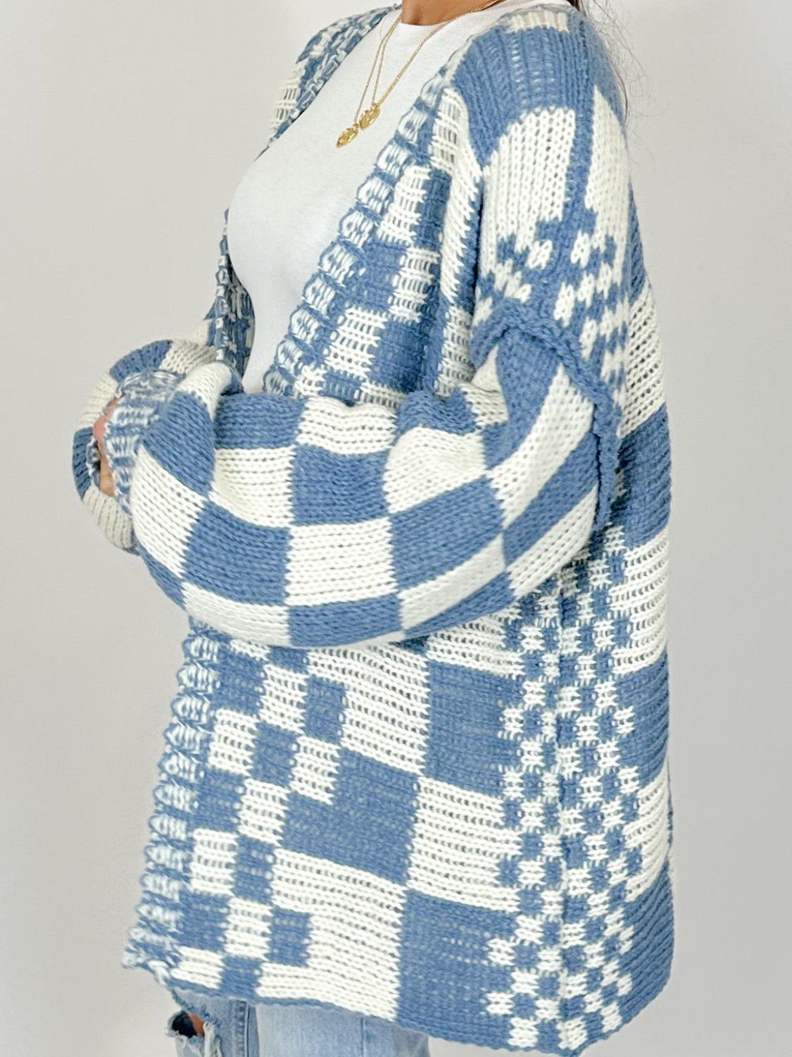 Checkered Open Front Long Sleeve Cardigan-TOPS / DRESSES-[Adult]-[Female]-2022 Online Blue Zone Planet