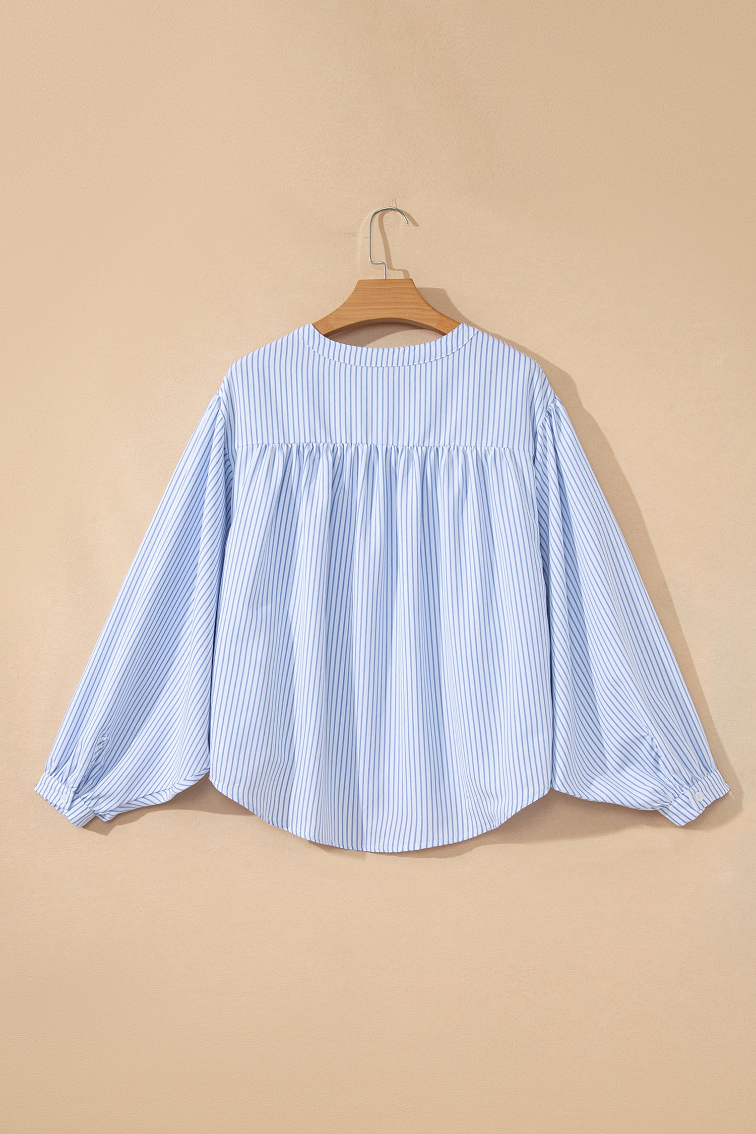 Sky Blue Stripe Floral Embroidered Billowy Sleeve Tunic Baggy Shirt-Tops/Blouses & Shirts-[Adult]-[Female]-2022 Online Blue Zone Planet