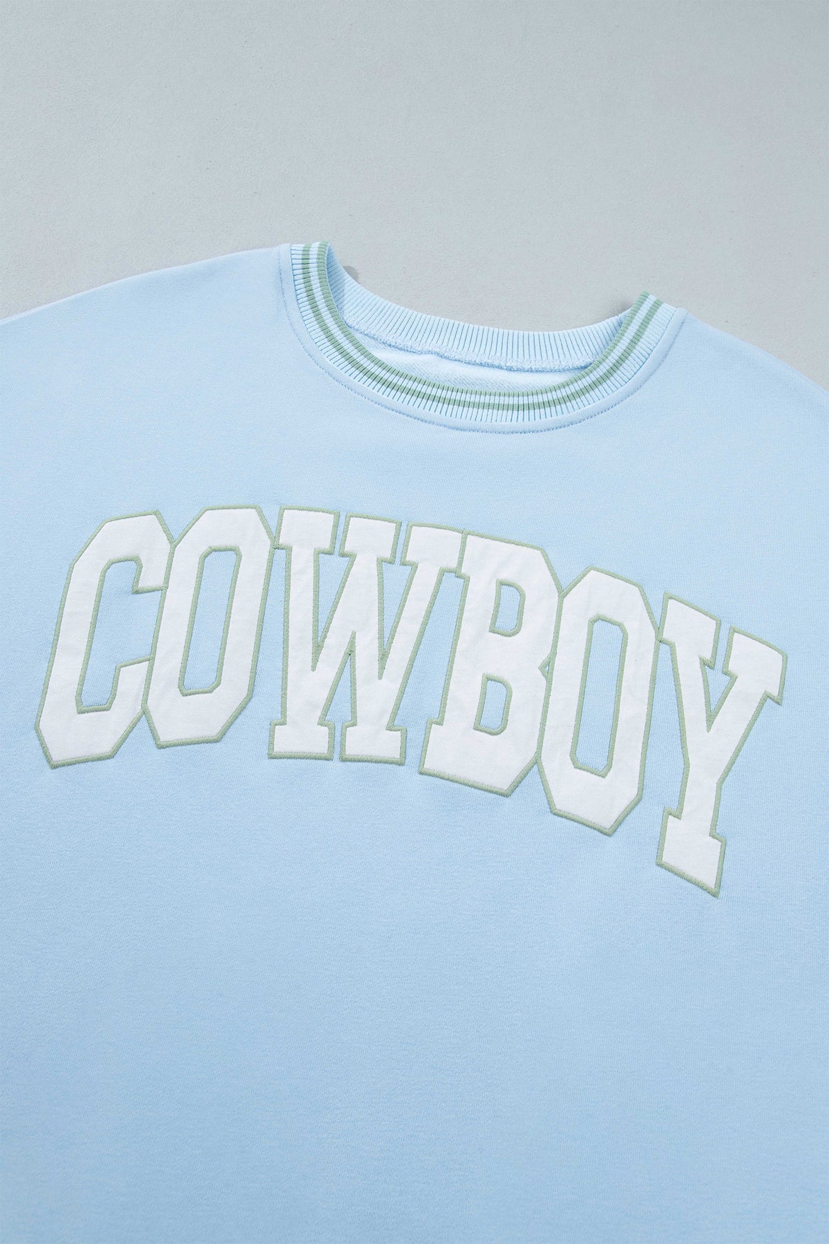 Beau Blue Embroidered Cowboy Letter Print Long Sleeve Round Neck Sweatshirt-Tops/Sweatshirts & Hoodies-[Adult]-[Female]-2022 Online Blue Zone Planet