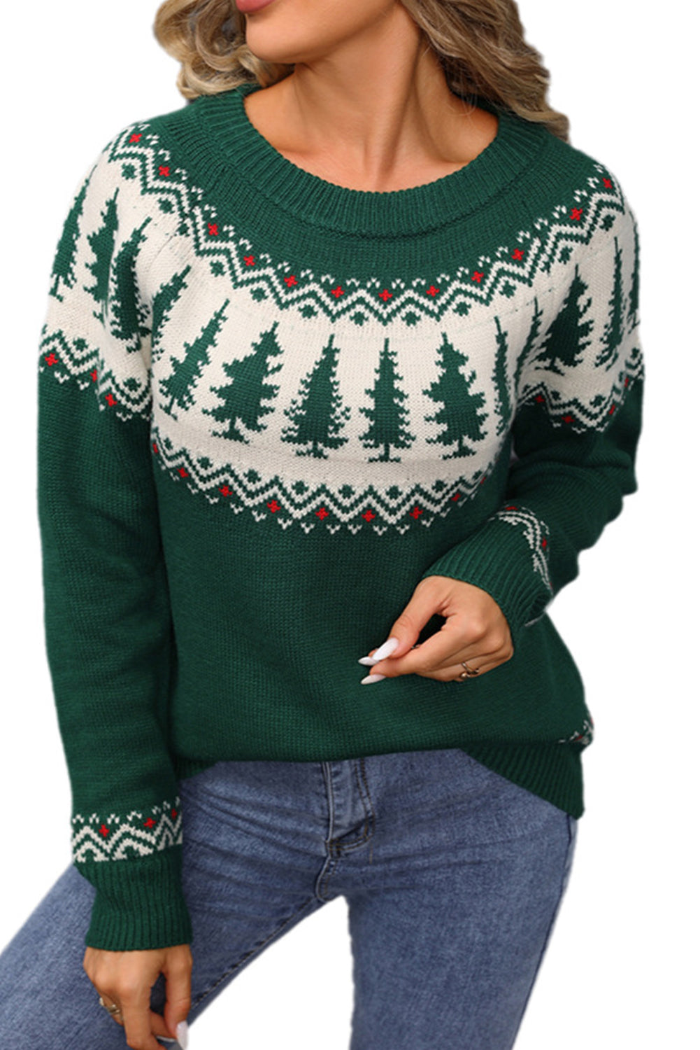 Blackish Green Christmas Tree Geometric Print Retro Sweater-TOPS / DRESSES-[Adult]-[Female]-2022 Online Blue Zone Planet