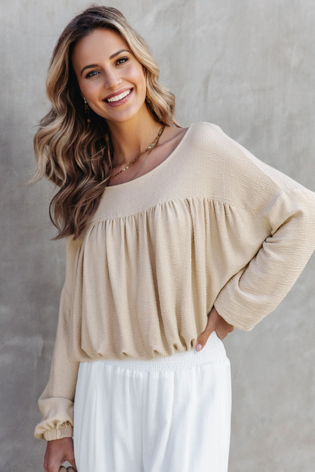 Jet Stream Textured Pleated Drop Shoulder Long Sleeve Knit Top-Tops/Long Sleeve Tops-[Adult]-[Female]-2022 Online Blue Zone Planet