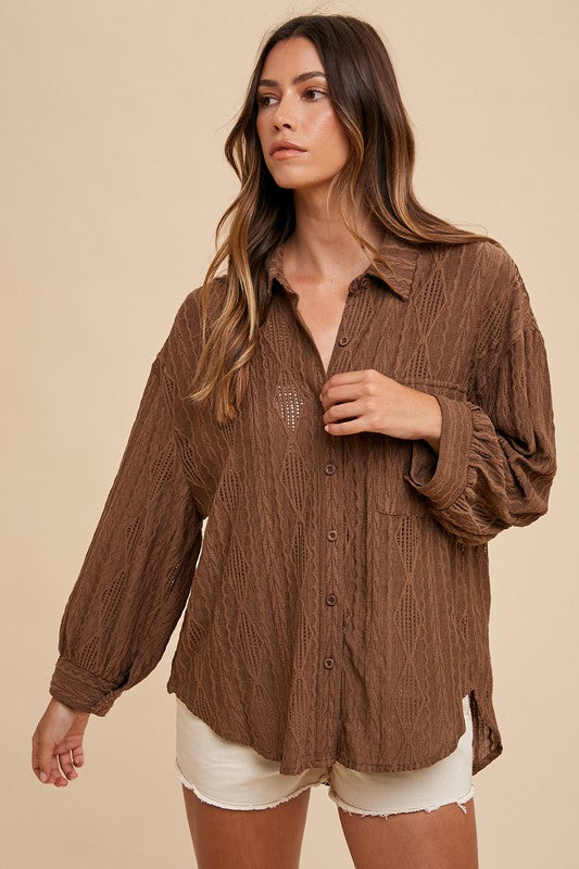 Annie Wear Openwork Button Down Drop Shoulder Shirt-TOPS / DRESSES-[Adult]-[Female]-2022 Online Blue Zone Planet