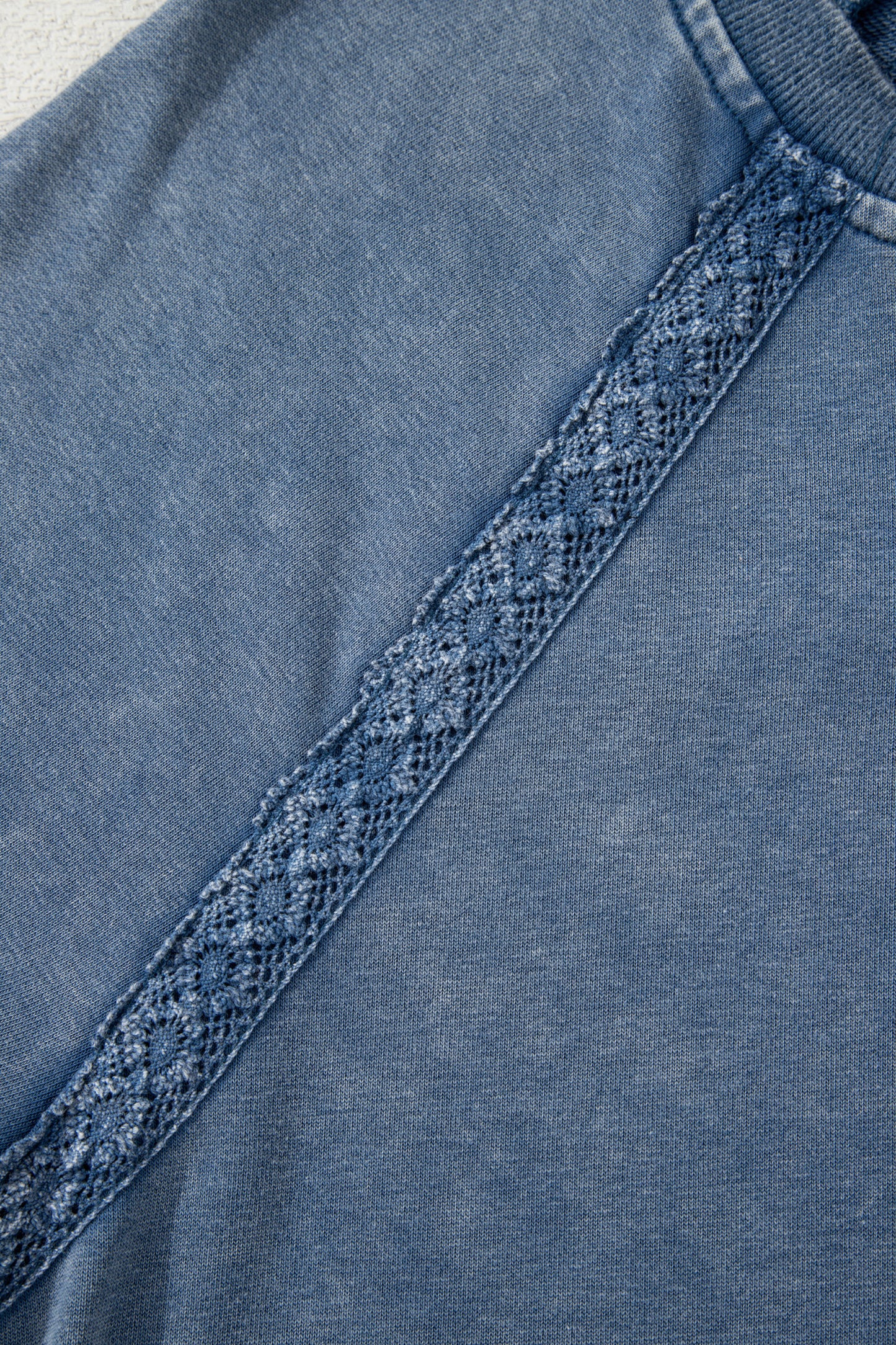 Sail Blue Lace Patchwork Detail Notched Neck Mineral Wash Baggy Sweatshirt-Tops/Sweatshirts & Hoodies-[Adult]-[Female]-2022 Online Blue Zone Planet
