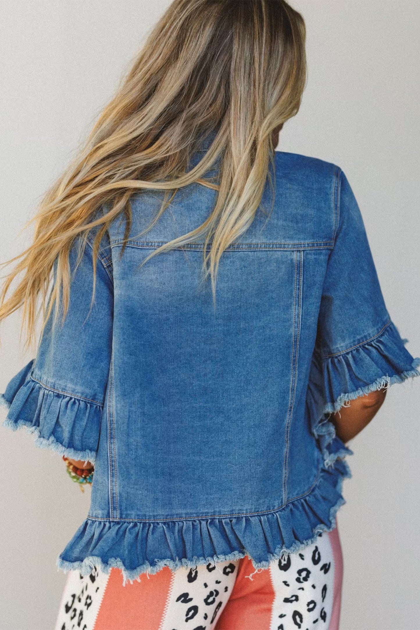 Blue Ruffle Hem Raw Edge Half Sleeve Western Denim Jacket-Outerwear/Denim jackets-[Adult]-[Female]-2022 Online Blue Zone Planet