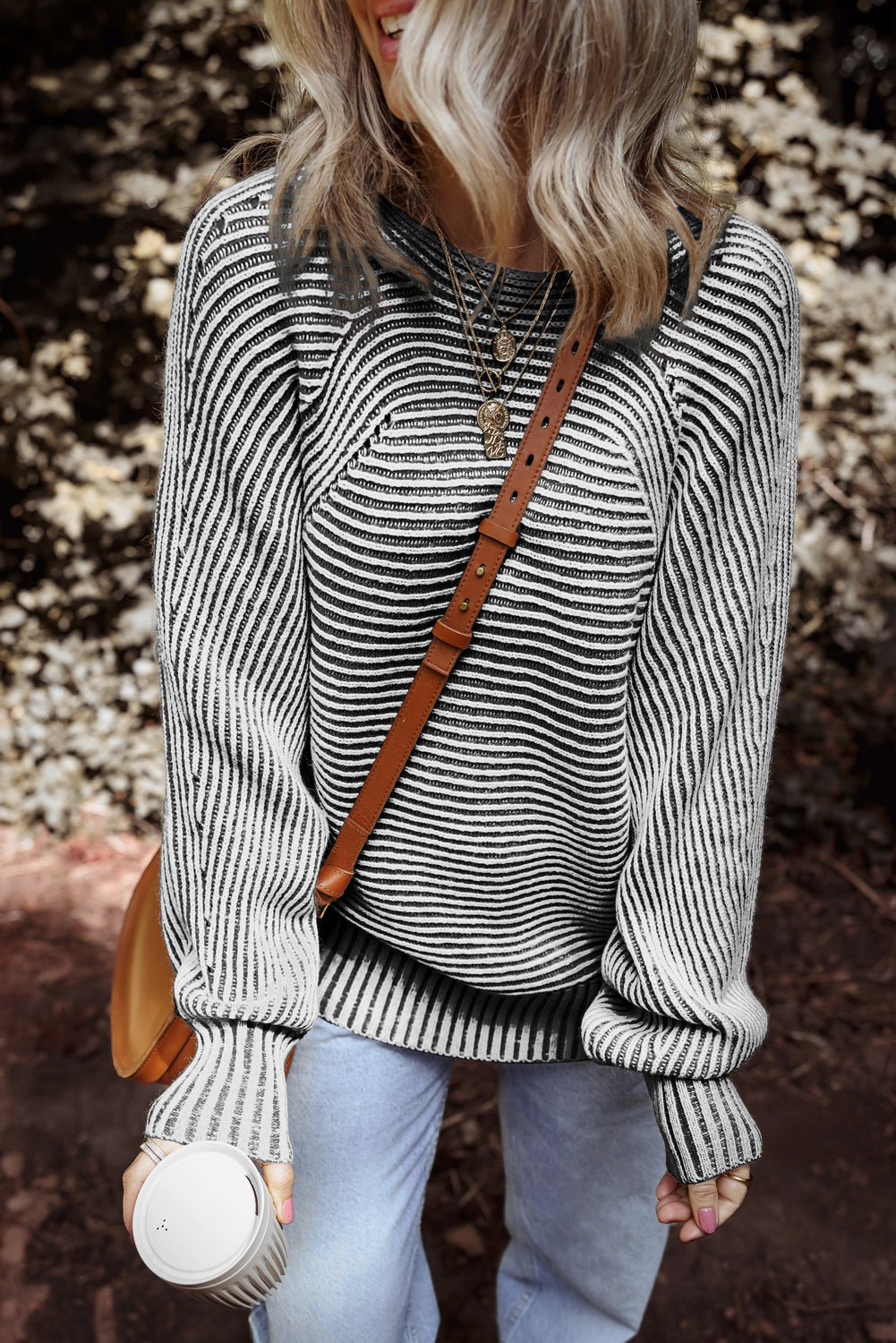 Coffee Striped Print Ribbed Knit Boat Neck Baggy Sweater-Sweaters & Cardigans/Sweaters-[Adult]-[Female]-2022 Online Blue Zone Planet