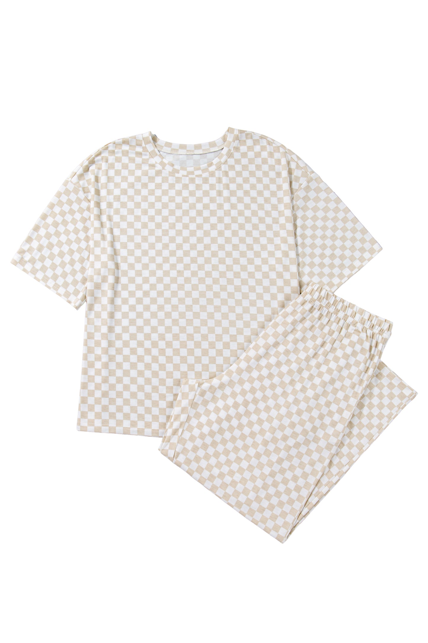 Khaki Plus Size Checkered Print Half Sleeve Tee Loose Pants Two-piece Lounge Set-Plus Size/Plus Size Bottoms-[Adult]-[Female]-2022 Online Blue Zone Planet