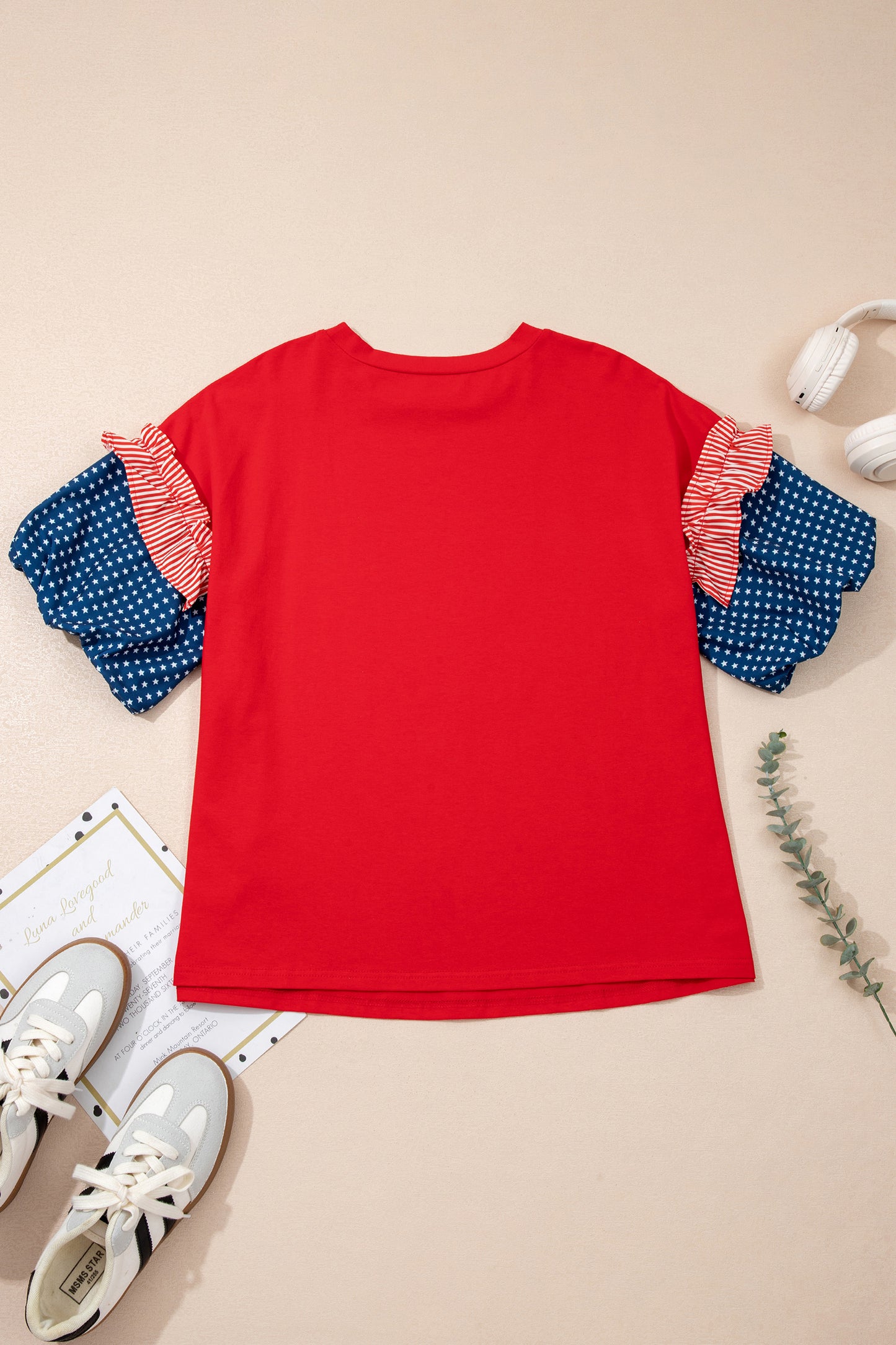 Fiery Red Plus Size Striped Ruffles Star Short Bubble Sleeve Patchwork Top-Plus Size/Plus Size Tops/Plus Size Tops & Tees-[Adult]-[Female]-2022 Online Blue Zone Planet