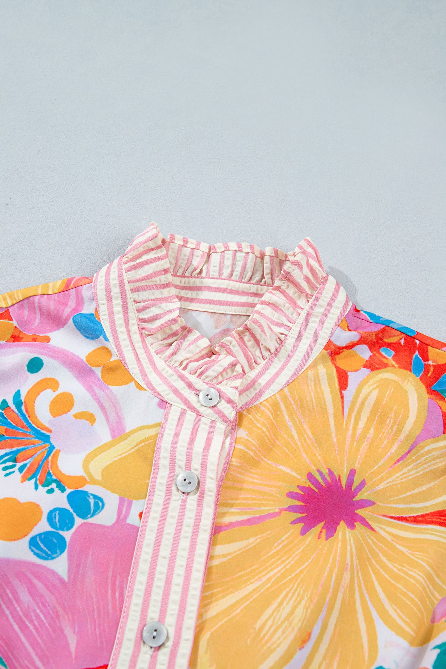 Pink Floral Print Striped Trim Button Down Short Sleeve Vacation Dress-TOPS / DRESSES-[Adult]-[Female]-2022 Online Blue Zone Planet