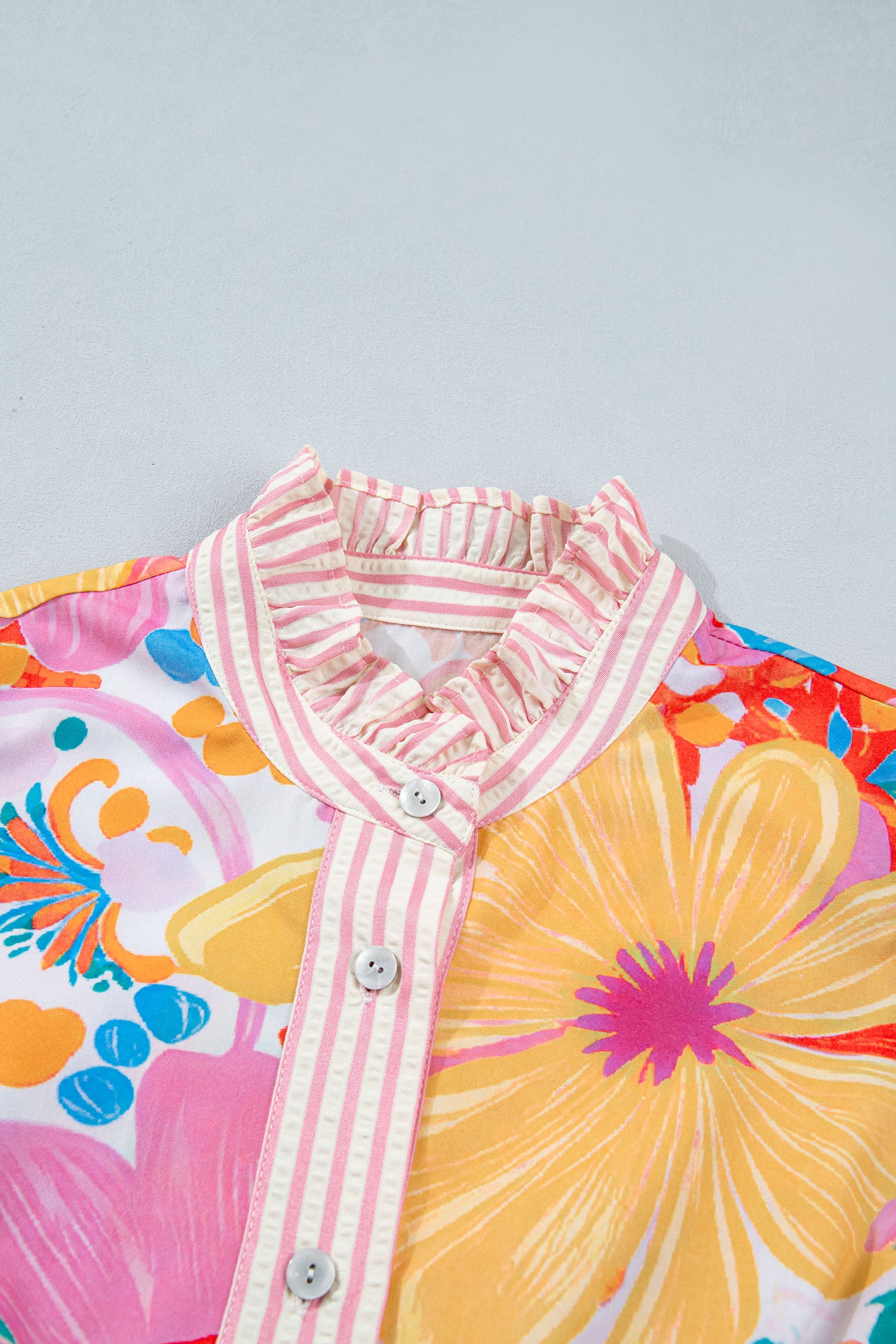 Pink Floral Print Striped Trim Button Down Short Sleeve Vacation Dress-TOPS / DRESSES-[Adult]-[Female]-2022 Online Blue Zone Planet