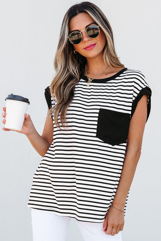 Black Stripe Chest Pocket Patch Round Neck Tank Top-Tops/Tank Tops-[Adult]-[Female]-Black Stripe-S-2022 Online Blue Zone Planet