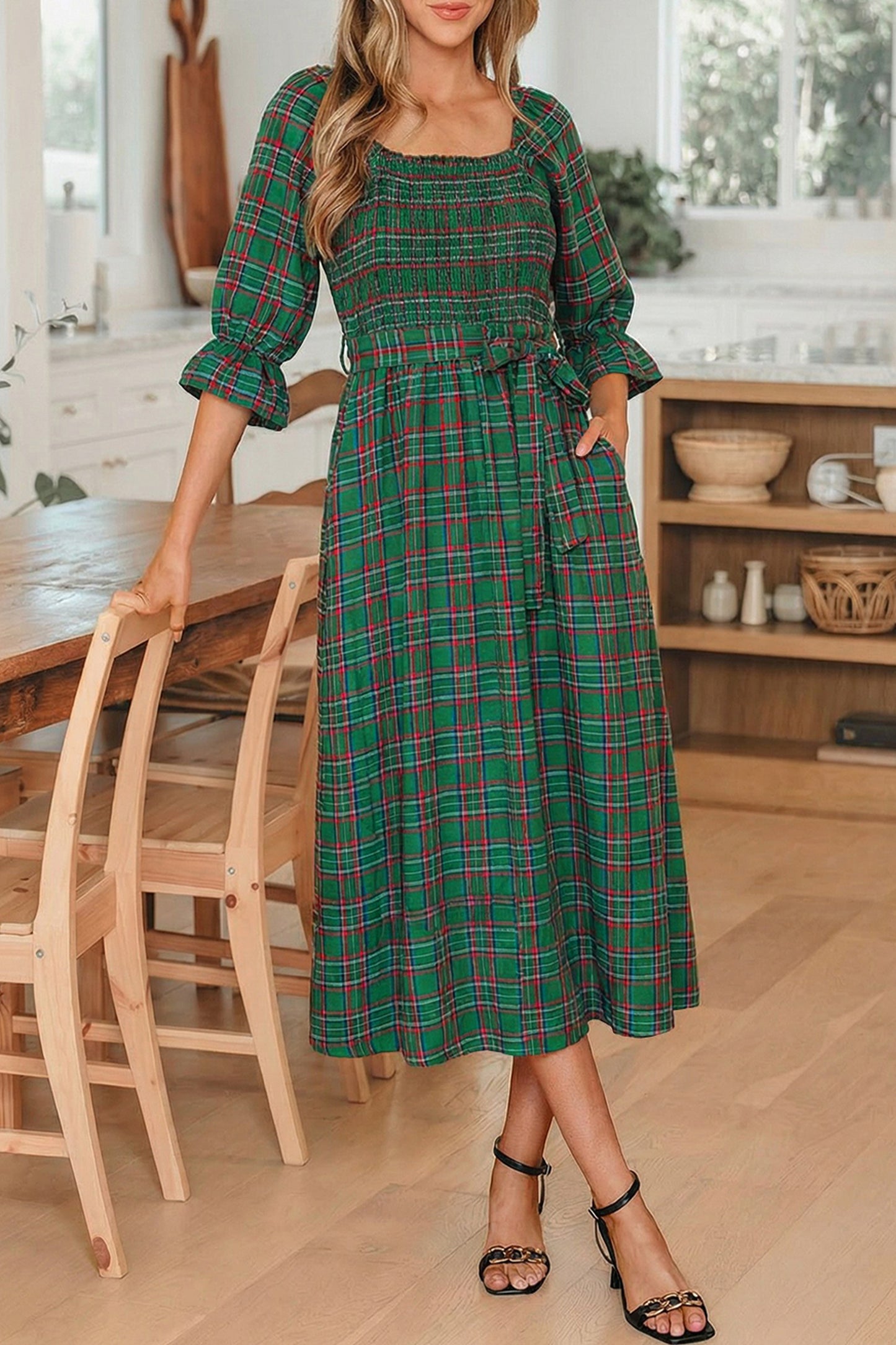 Green Tartan Plaid Square Neck Puff Sleeve Knot Waist Flared Midi Dress-TOPS / DRESSES-[Adult]-[Female]-2022 Online Blue Zone Planet