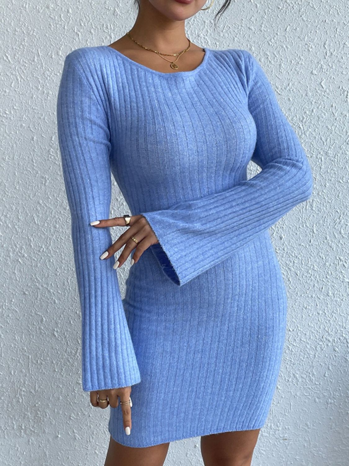 light blue sweater dress outfit Zone Planet | Backless Round Neck Long Sleeve stretchy knit blend of Size:US6 Blue Dresses & Gowns 18