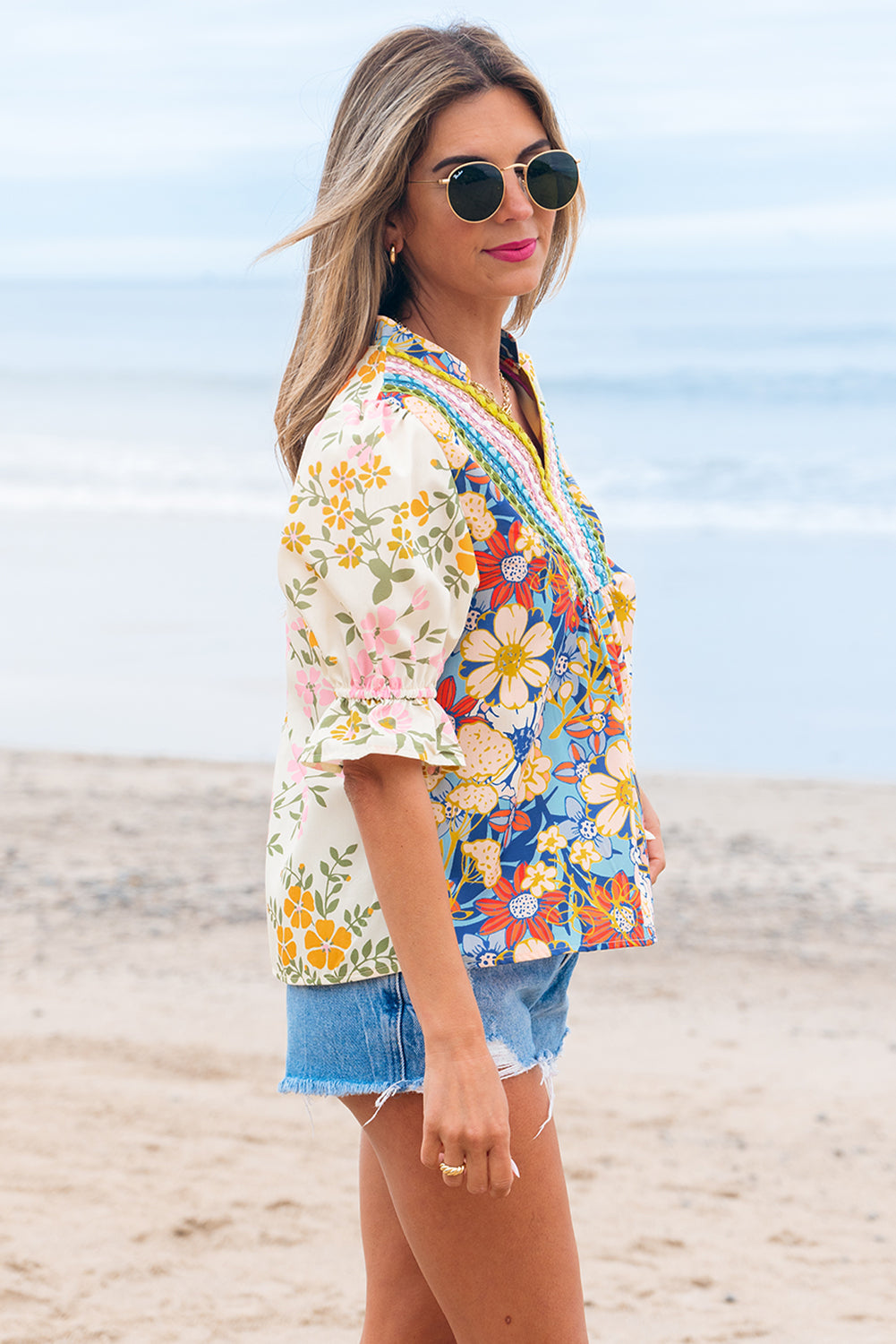 Multicolour Crochet V Neck Half Sleeve Boho Floral Blouse-Tops/Blouses & Shirts-[Adult]-[Female]-2022 Online Blue Zone Planet