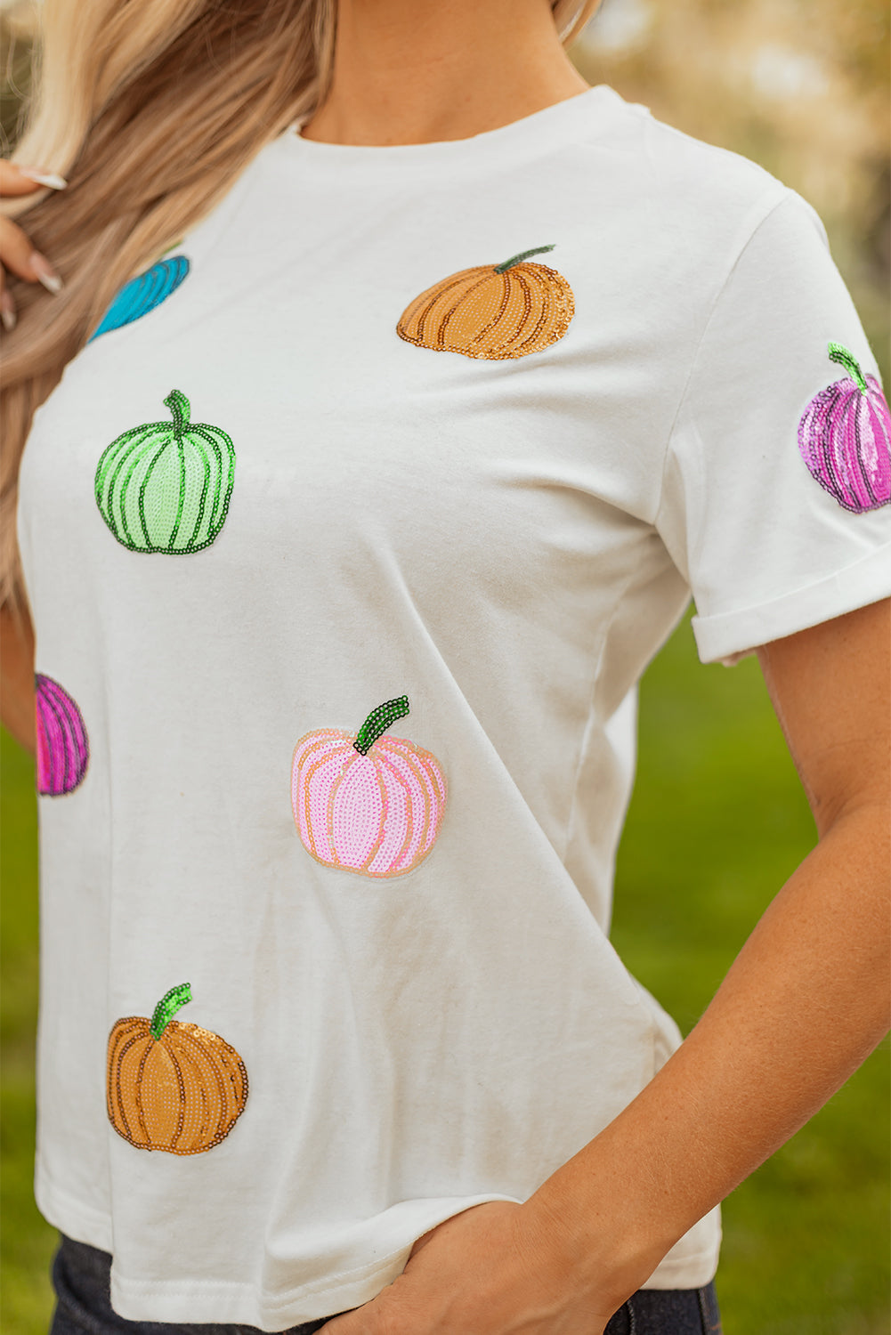 White Sequin Pumpkin Patched Cotton Blend T Shirt-Graphic/Graphic Tees-[Adult]-[Female]-2022 Online Blue Zone Planet