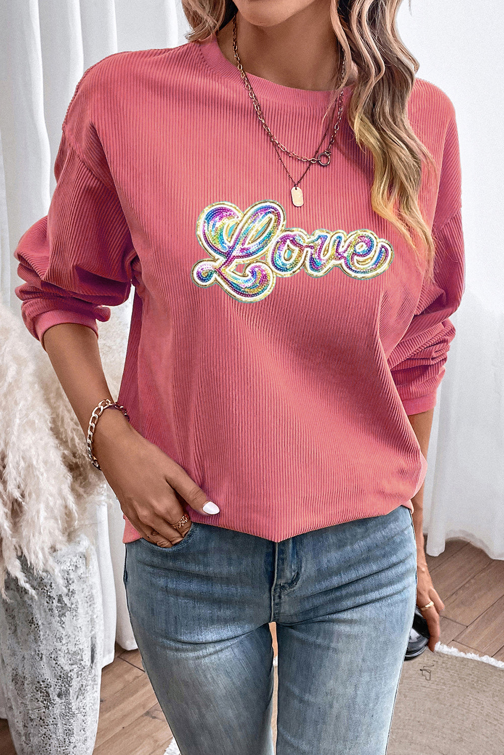 Strawberry Pink Sequin Love Graphic Corded Valentines Sweatshirt-Graphic Sweatshirts-[Adult]-[Female]-2022 Online Blue Zone Planet