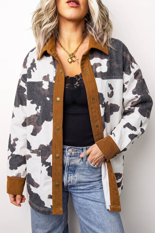 Multicolour Western Cow Print Long Sleeve Button-Up Denim Jacket-Outerwear/Denim jackets-[Adult]-[Female]-Multicolour-S-2022 Online Blue Zone Planet
