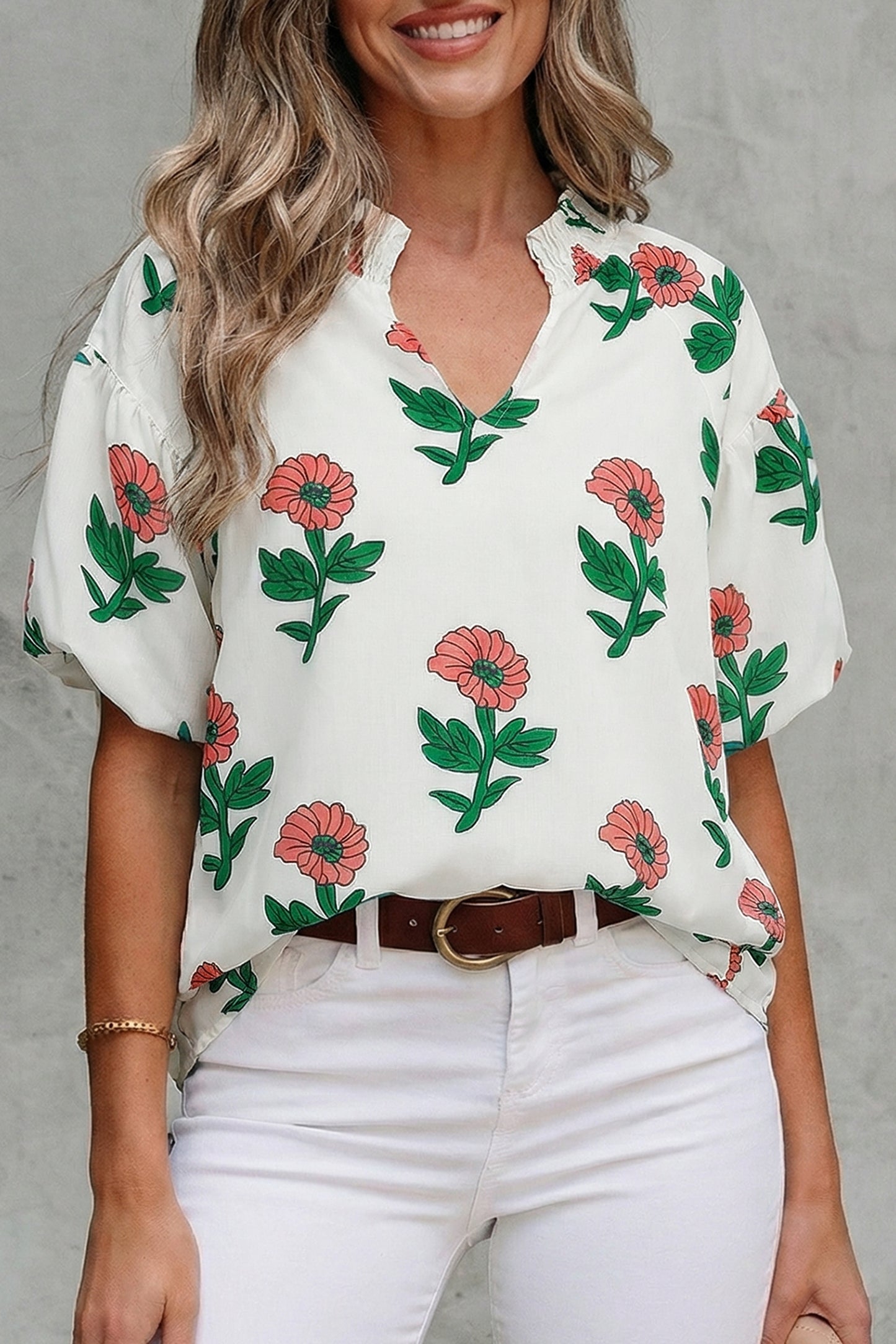 Beige Floral Print Shirred Split Neck Short Sleeve Blouse-Tops/Blouses & Shirts-[Adult]-[Female]-2022 Online Blue Zone Planet