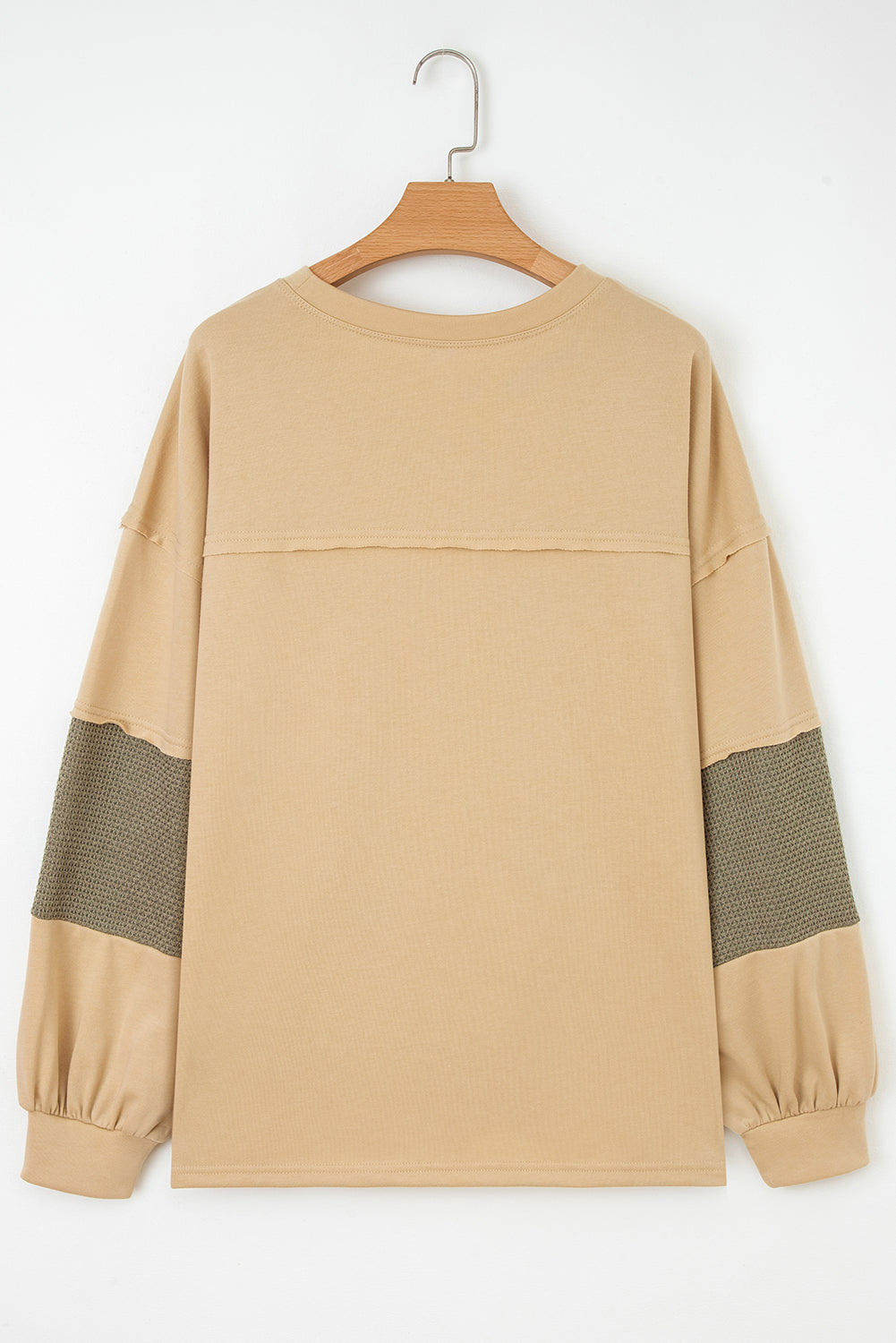 Laurel Green Exposed Seam Contrast Texture Patchwork Plus Size Drop Shoulder Pullover-Plus Size/Plus Size Tops/Plus Size Long Sleeve Tops-[Adult]-[Female]-2022 Online Blue Zone Planet