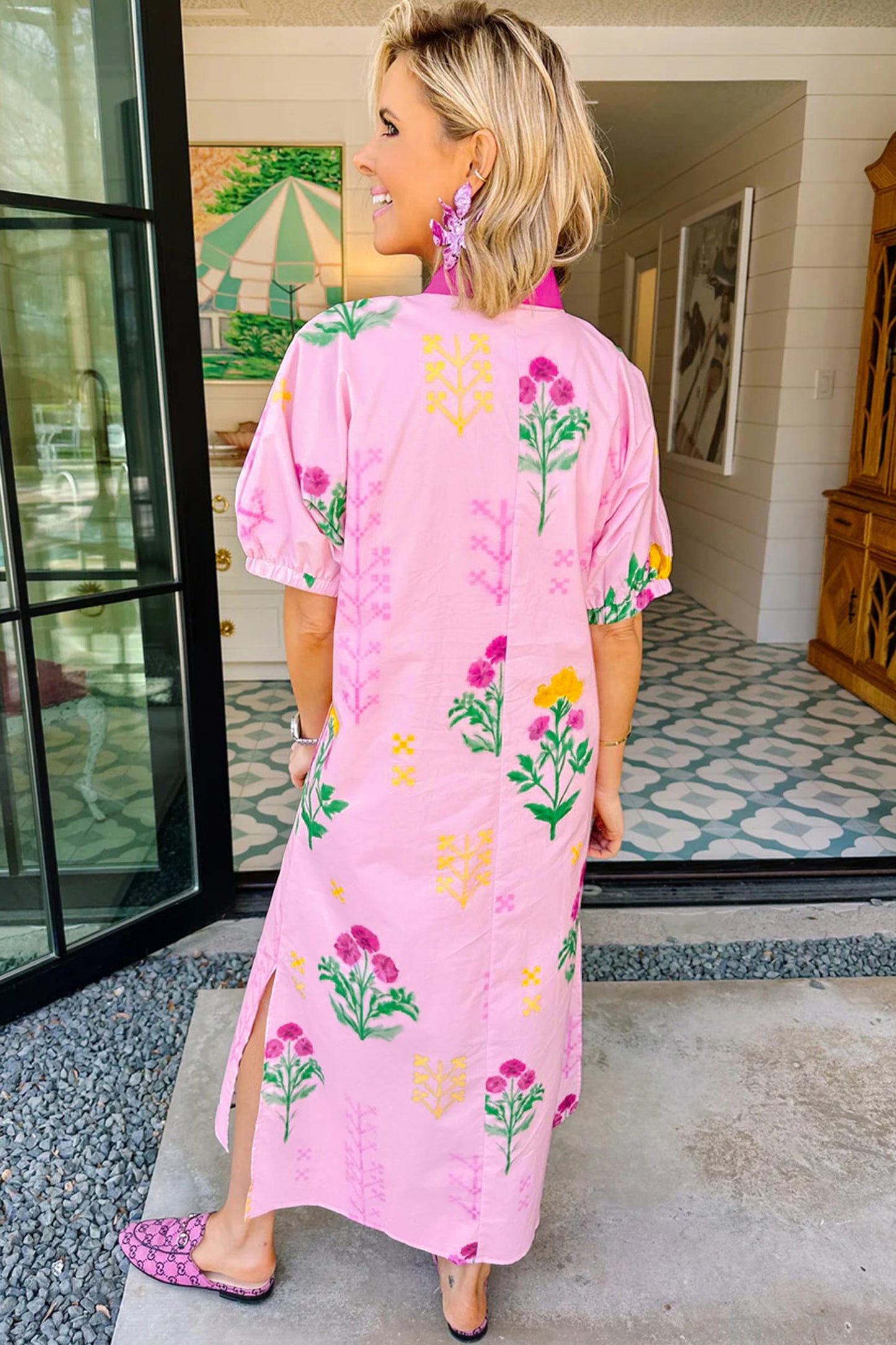 Pink Floral Print Short Sleeve Colorblcok Trim V Neck Midi Dress-Dresses/Floral Dresses-[Adult]-[Female]-2022 Online Blue Zone Planet