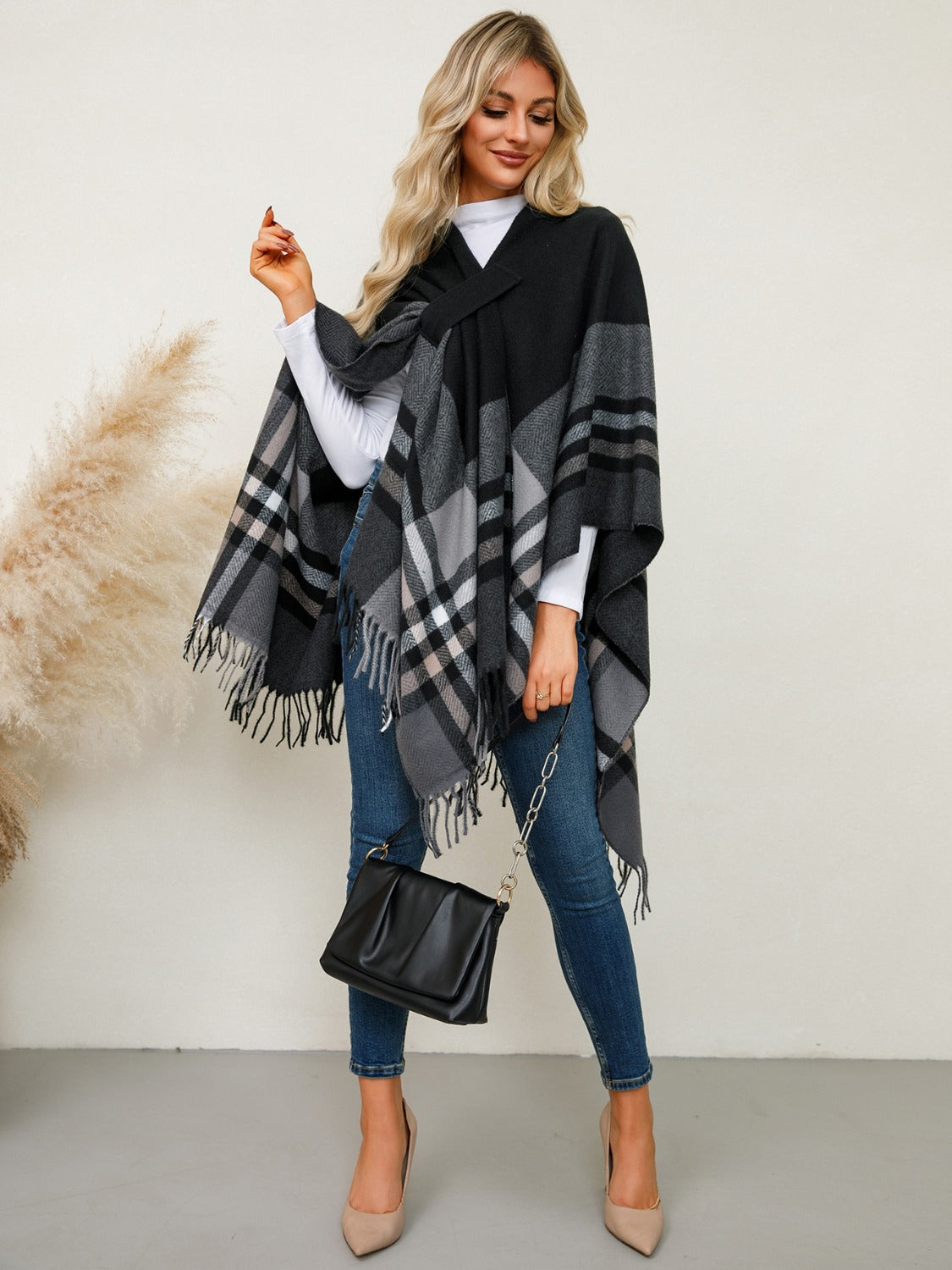 Fringe Contrast Plaid Poncho-TOPS / DRESSES-[Adult]-[Female]-2022 Online Blue Zone Planet