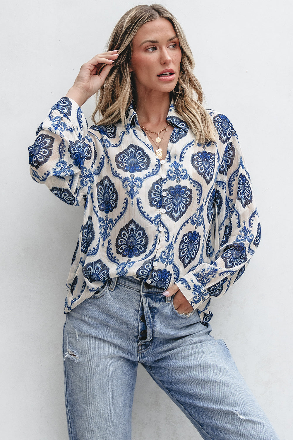 Blue Tribal Pattern Buttoned Front Loose Shirt-Tops/Blouses & Shirts-[Adult]-[Female]-2022 Online Blue Zone Planet