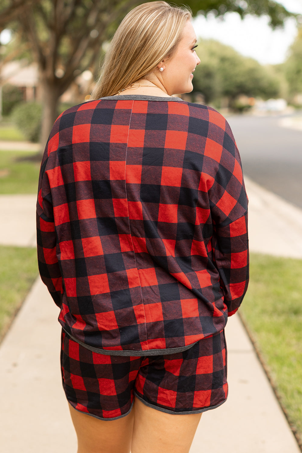 Blue Zone Planet | Fiery Red Christmas Buffalo Print Henley Top and Shorts Plus Size Set-Plus Size/Plus Size Loungewear-[Adult]-[Female]-2022 Online Blue Zone Planet