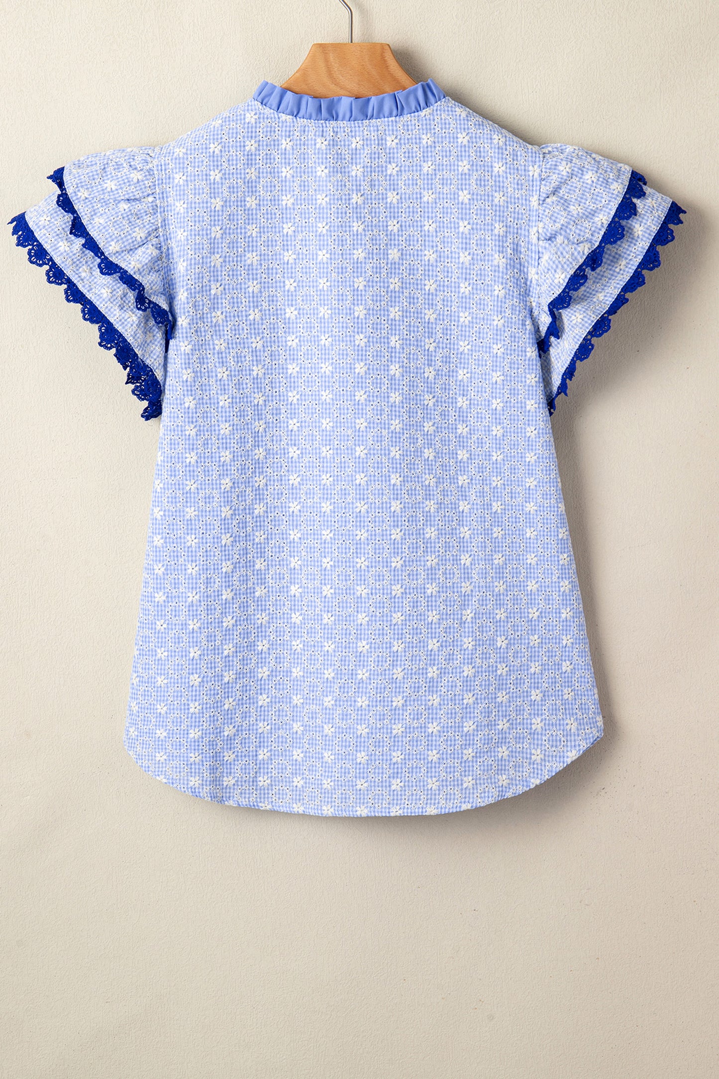 Beau Blue Eyelet Embroidered Flower Texture Contrast Lace Trim Flutter Sleeve Blouse-Tops/Blouses & Shirts-[Adult]-[Female]-2022 Online Blue Zone Planet