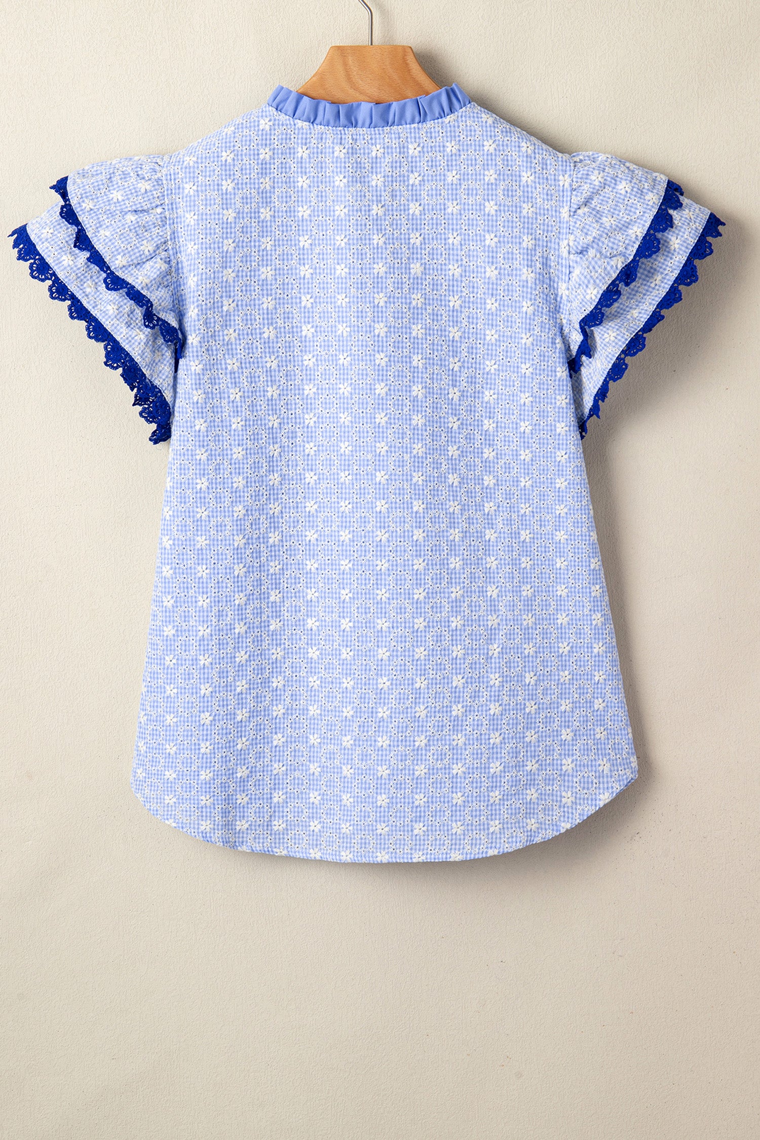 Beau Blue Eyelet Embroidered Flower Texture Contrast Lace Trim Flutter Sleeve Blouse-Tops/Blouses & Shirts-[Adult]-[Female]-2022 Online Blue Zone Planet