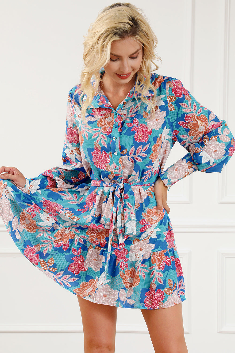 Blue Floral Print Lantern Sleeve Belted Shirt Dress-TOPS / DRESSES-[Adult]-[Female]-2022 Online Blue Zone Planet