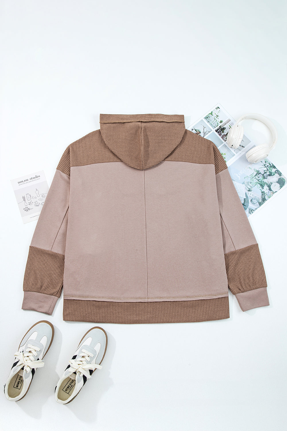 Goat Waffle Contrast Patchwork Plus Size Pocketed Hoodie-Plus Size/Plus Size Sweatshirts & Hoodies-[Adult]-[Female]-2022 Online Blue Zone Planet