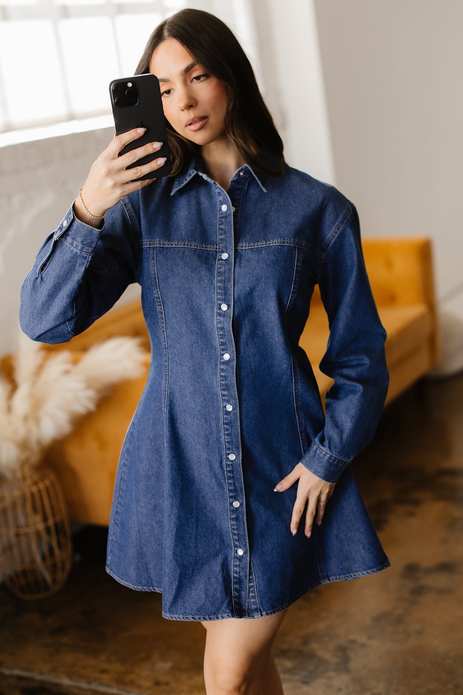 Ashleigh Blue Denim Shirt Collar Long Sleeve Flared Mini Dress-TOPS / DRESSES-[Adult]-[Female]-2022 Online Blue Zone Planet