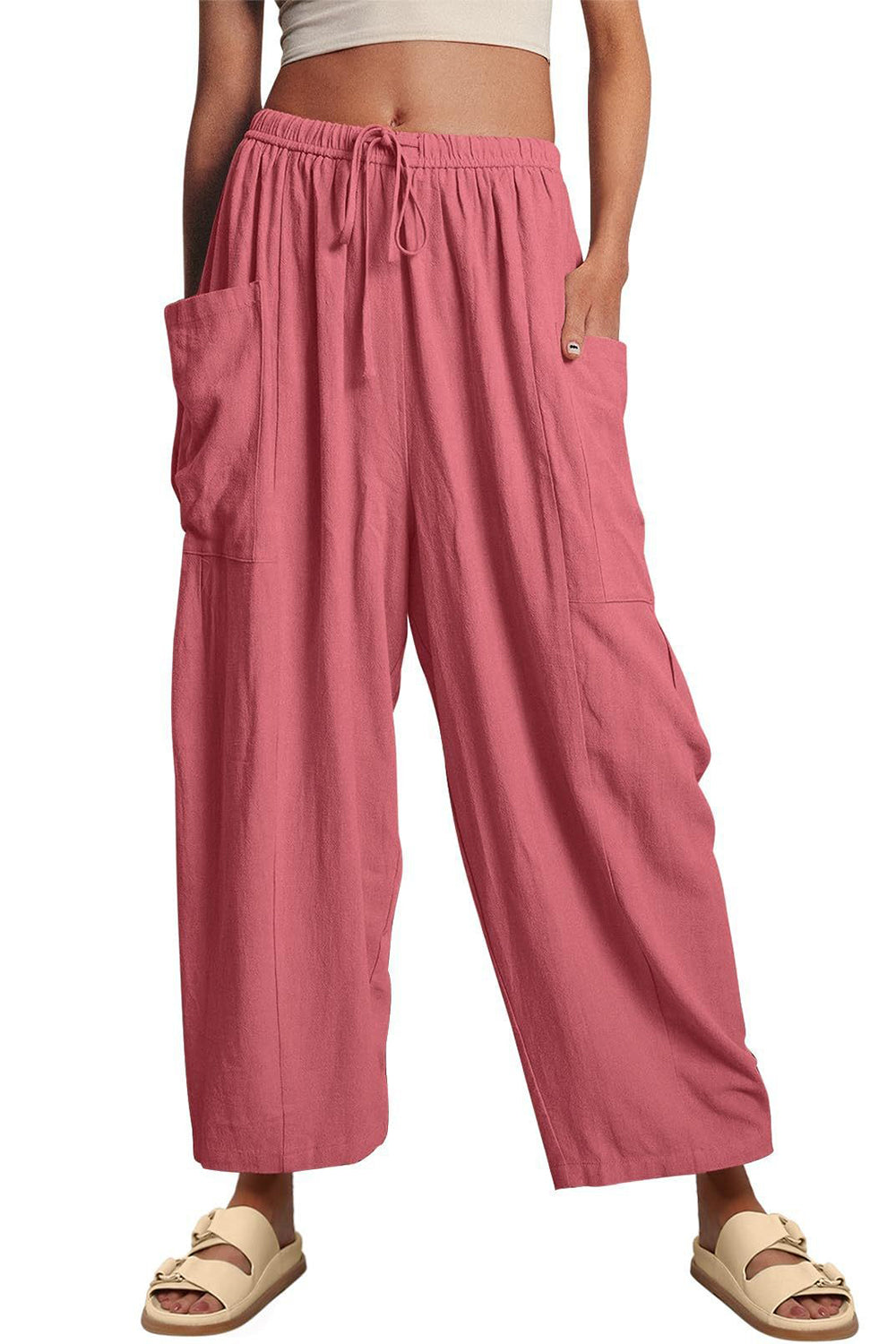 Full Size Pocketed Drawstring Wide Leg Pants-BOTTOMS SIZES SMALL MEDIUM LARGE-[Adult]-[Female]-2022 Online Blue Zone Planet