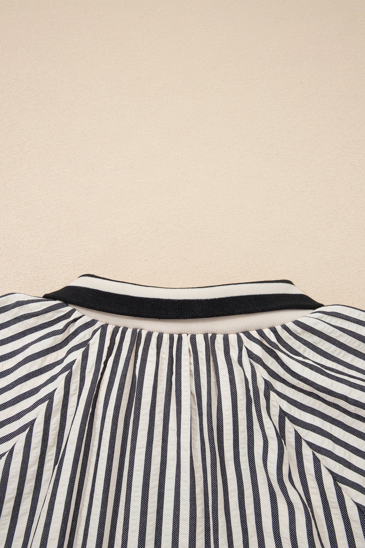 Black Stripe Polo Collar Half Zip Short Puff Sleeve Blouse-Tops/Blouses & Shirts-[Adult]-[Female]-2022 Online Blue Zone Planet
