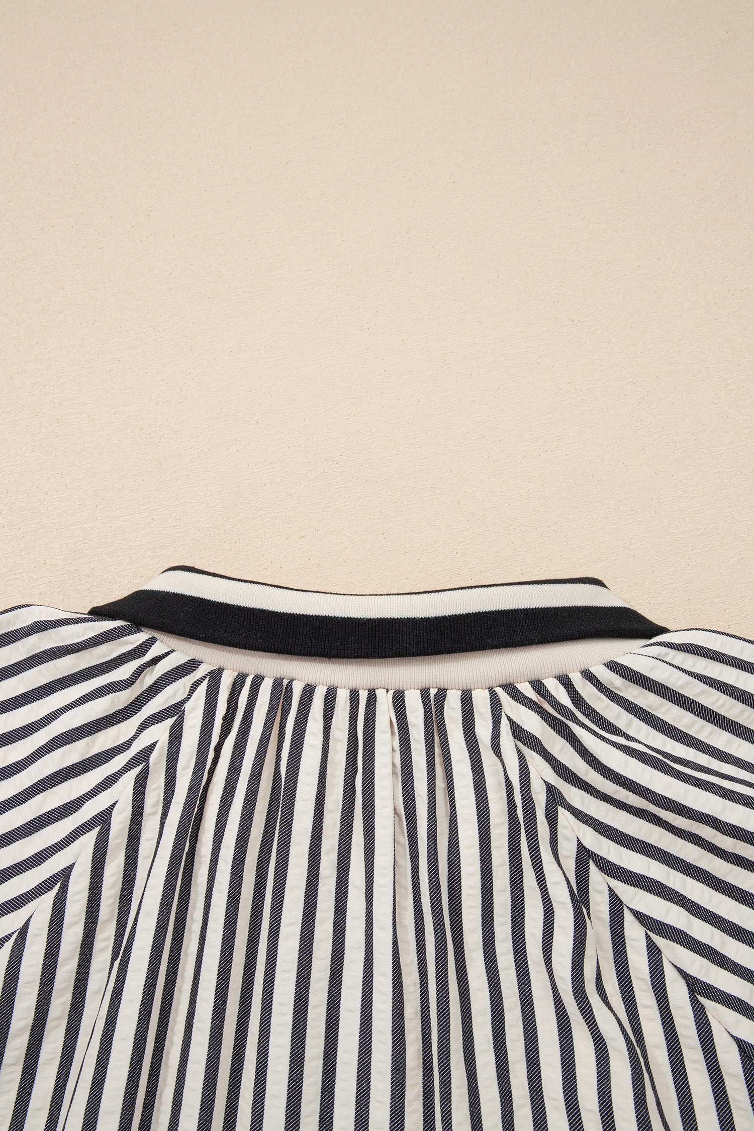 Black Stripe Polo Collar Half Zip Short Puff Sleeve Blouse-Tops/Blouses & Shirts-[Adult]-[Female]-2022 Online Blue Zone Planet