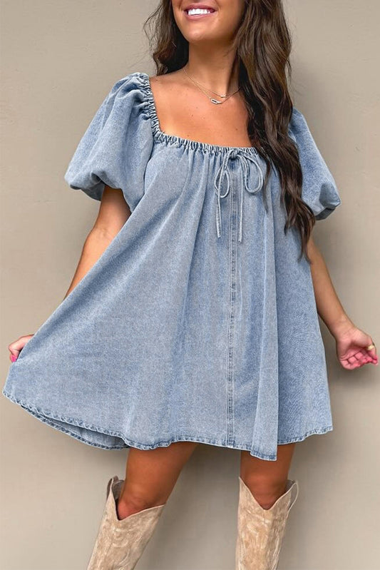 Myosotis Bubble Sleeve Square Neck Denim Babydoll Dress-Dresses/Mini Dresses-[Adult]-[Female]-Myosotis-S-2022 Online Blue Zone Planet