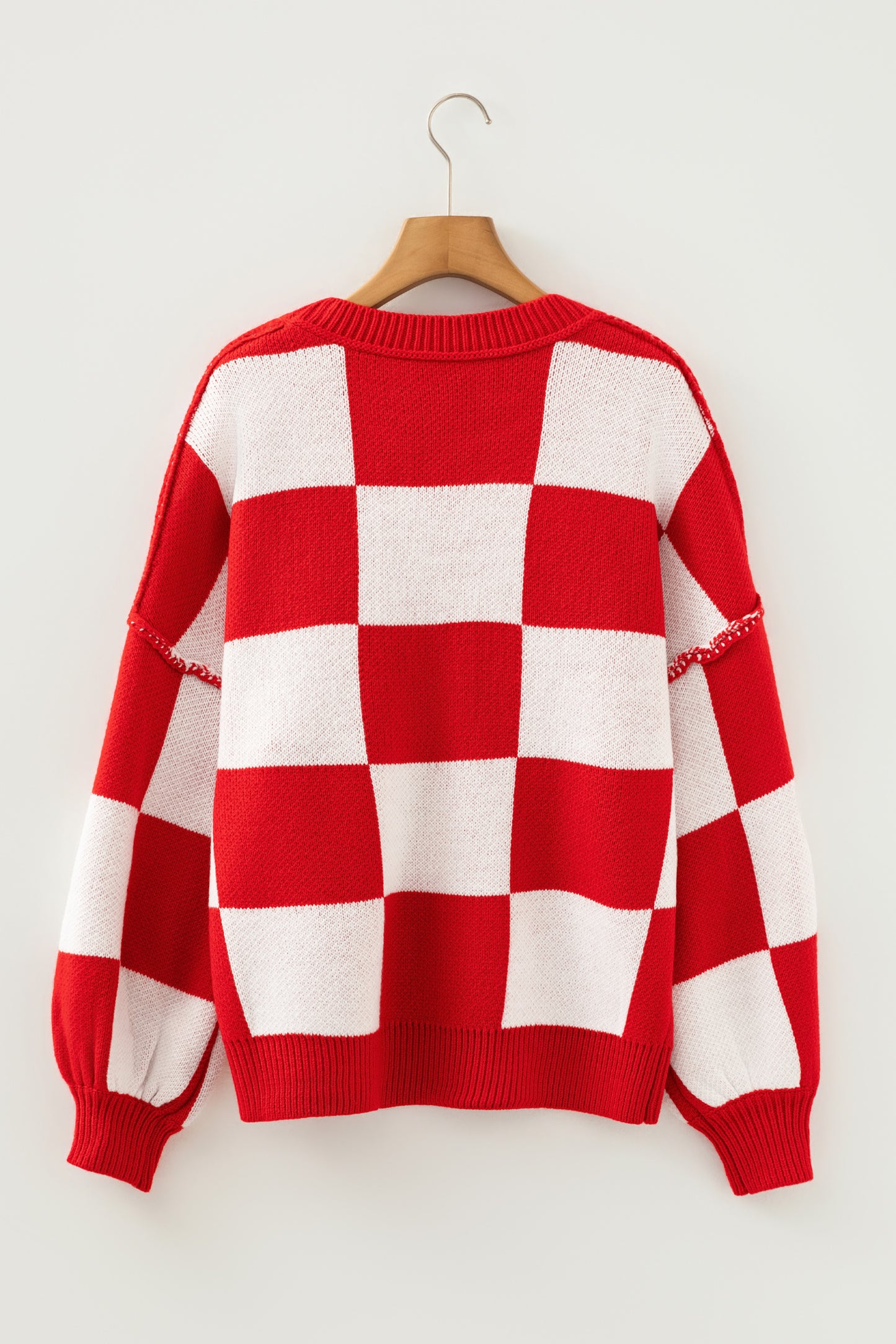 Fiery Red Checkered Bishop Sleeve Sweater-TOPS / DRESSES-[Adult]-[Female]-2022 Online Blue Zone Planet