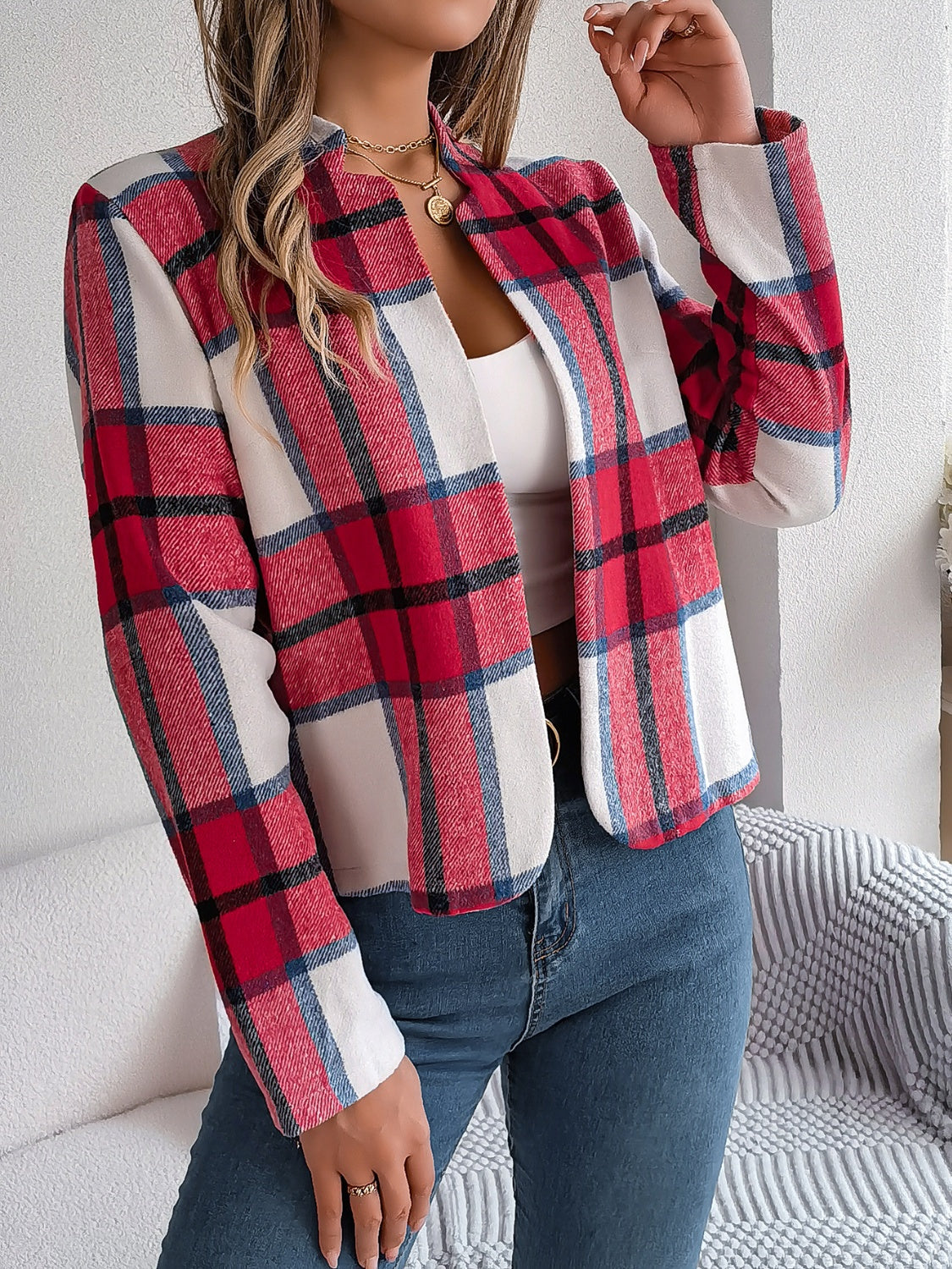 Blue Zone Planet | Plaid Open Front Long Sleeve Jacket-TOPS / DRESSES-[Adult]-[Female]-Orange-Red-S-2022 Online Blue Zone Planet