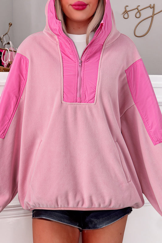 Blue Zone Planet | Pink Colorblock Patchwork Half Zip Oversized Sherpa Hoodie-Tops / Dresses-[Adult]-[Female]-Pink-S-2022 Online Blue Zone Planet