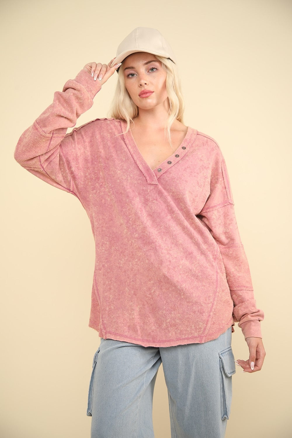 VERY J Washed V-Neck Exposed Seam Knit Top-TOPS / DRESSES-[Adult]-[Female]-Mauve-S-2022 Online Blue Zone Planet