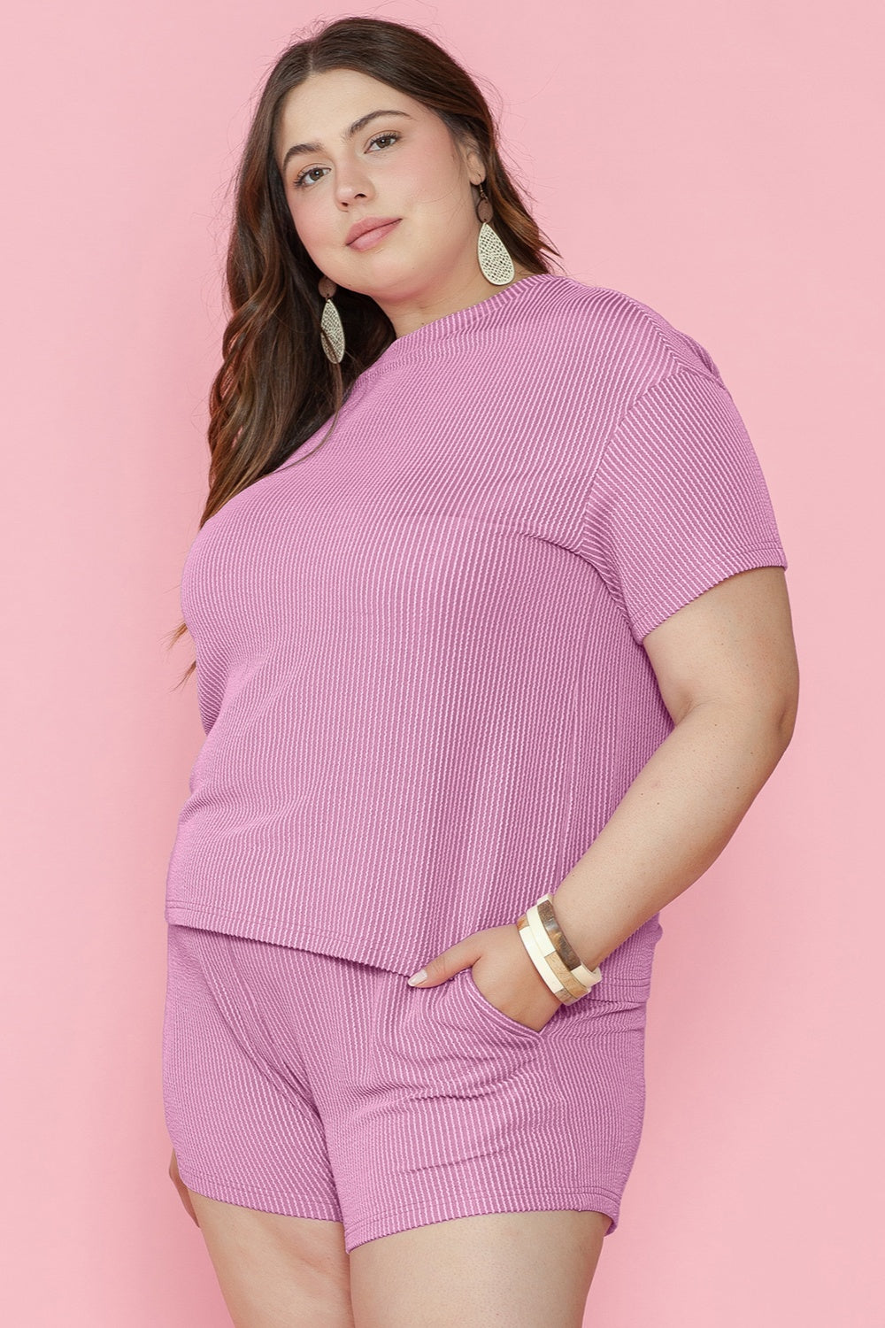 Blue Zone Planet | Plus Size Round Neck Short Sleeve Top and Shorts Set-TOPS / DRESSES-[Adult]-[Female]-2022 Online Blue Zone Planet