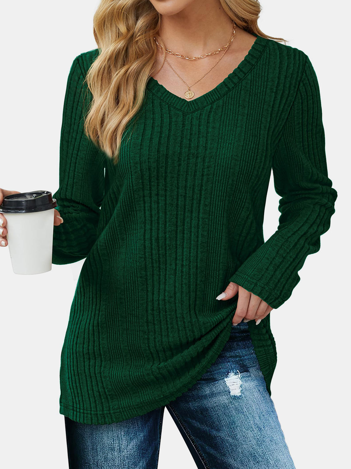 V-Neck Long Sleeve T-Shirt-TOPS / DRESSES-[Adult]-[Female]-2022 Online Blue Zone Planet