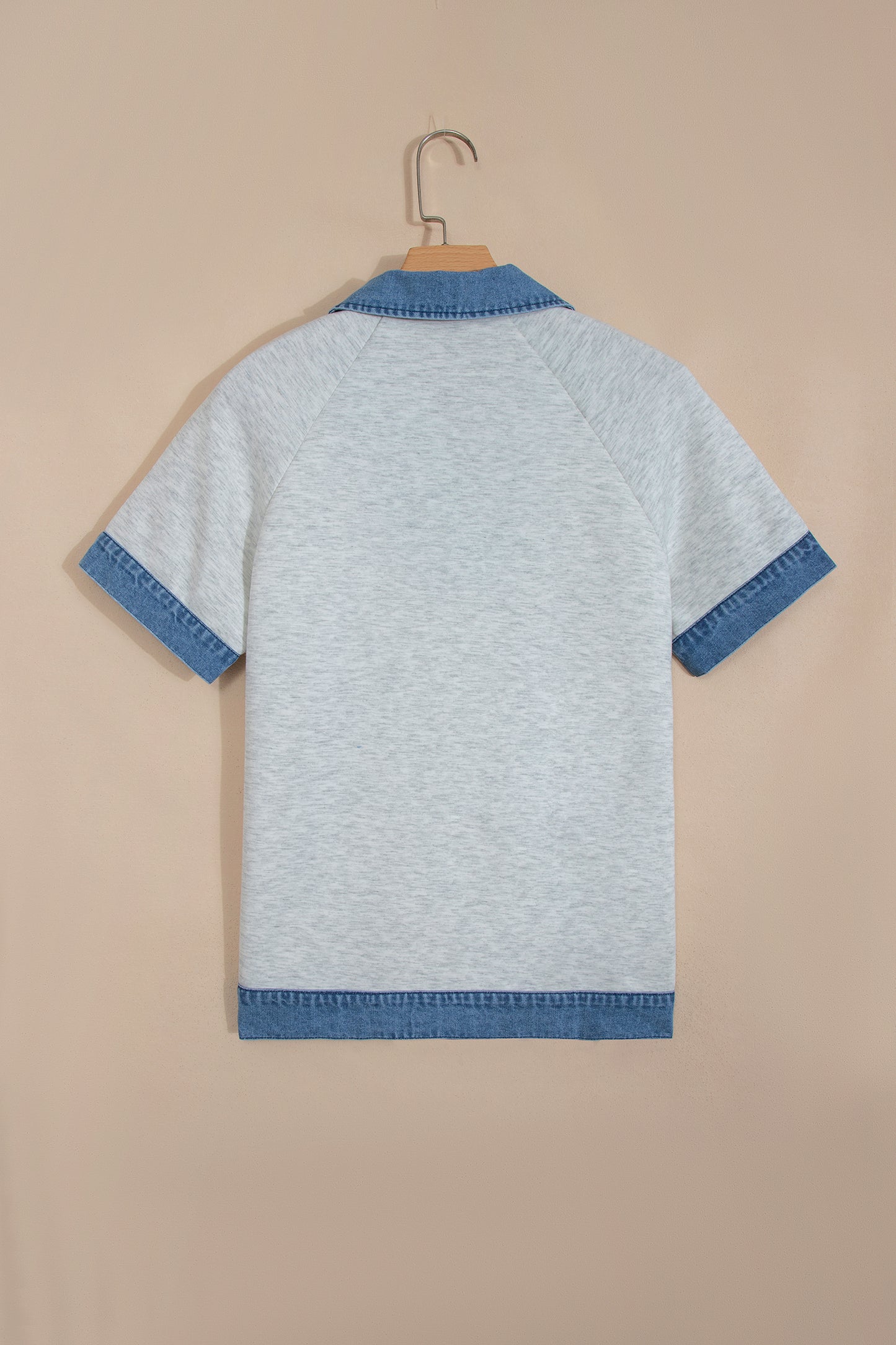 Light Grey Denim Contrast Collar Cuffed Short Sleeve Top