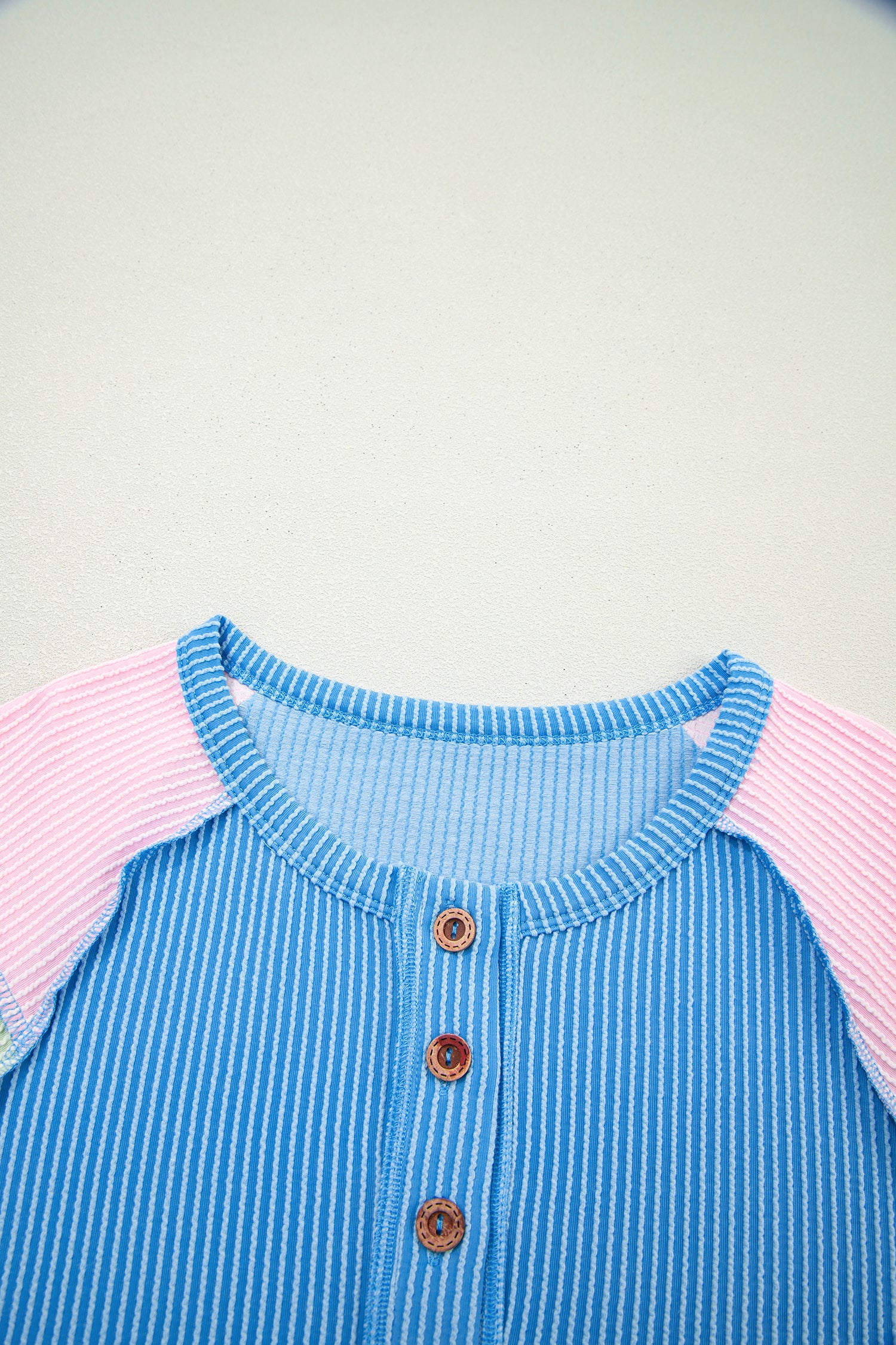 Blue Twisted Ribbed Color Block Patchwork Henley Short Sleeve T Shirt-Tops/Tops & Tees-[Adult]-[Female]-2022 Online Blue Zone Planet