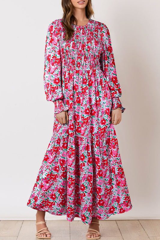 Sky Blue Floral Print Smocked Lantern Sleeve Tiered Maxi Dress-Dresses/Floral Dresses-[Adult]-[Female]-Sky Blue-S-2022 Online Blue Zone Planet