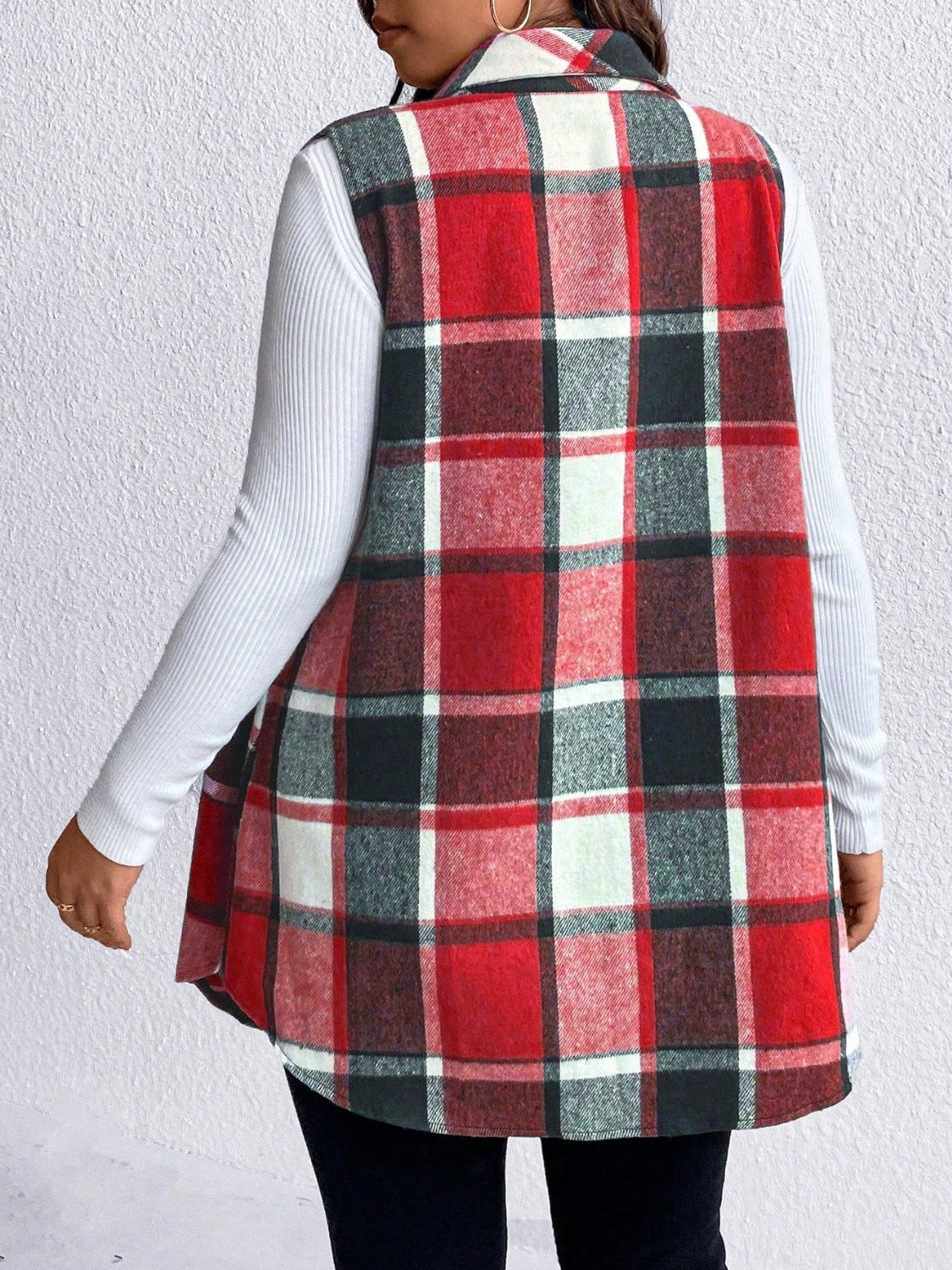 Honey Plus Size Pocketed Plaid Button Up Vest Coat-TOPS / DRESSES-[Adult]-[Female]-2022 Online Blue Zone Planet