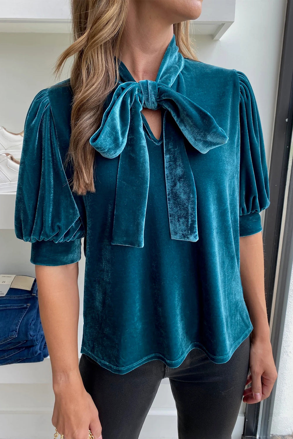 Tie Neck Half Sleeve Blouse-TOPS / DRESSES-[Adult]-[Female]-Deep Teal-S-2022 Online Blue Zone Planet